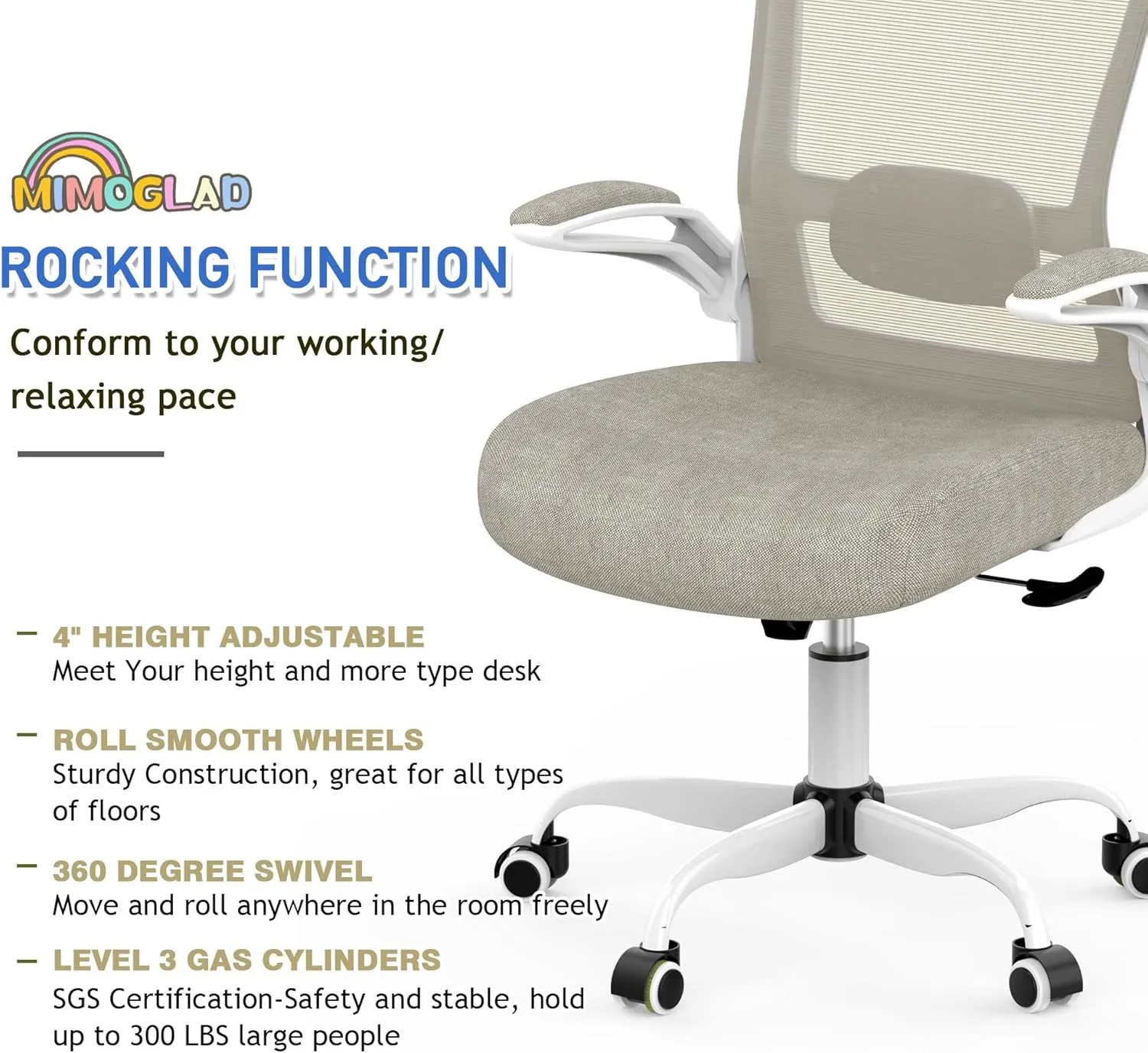 Mimoglad Home Office Chair, High Back Desk Chair, Ergonomic Mesh Computer Chair with Adjustable Lumbar Support and Thickened Seat Cushion (Modern, Beige)