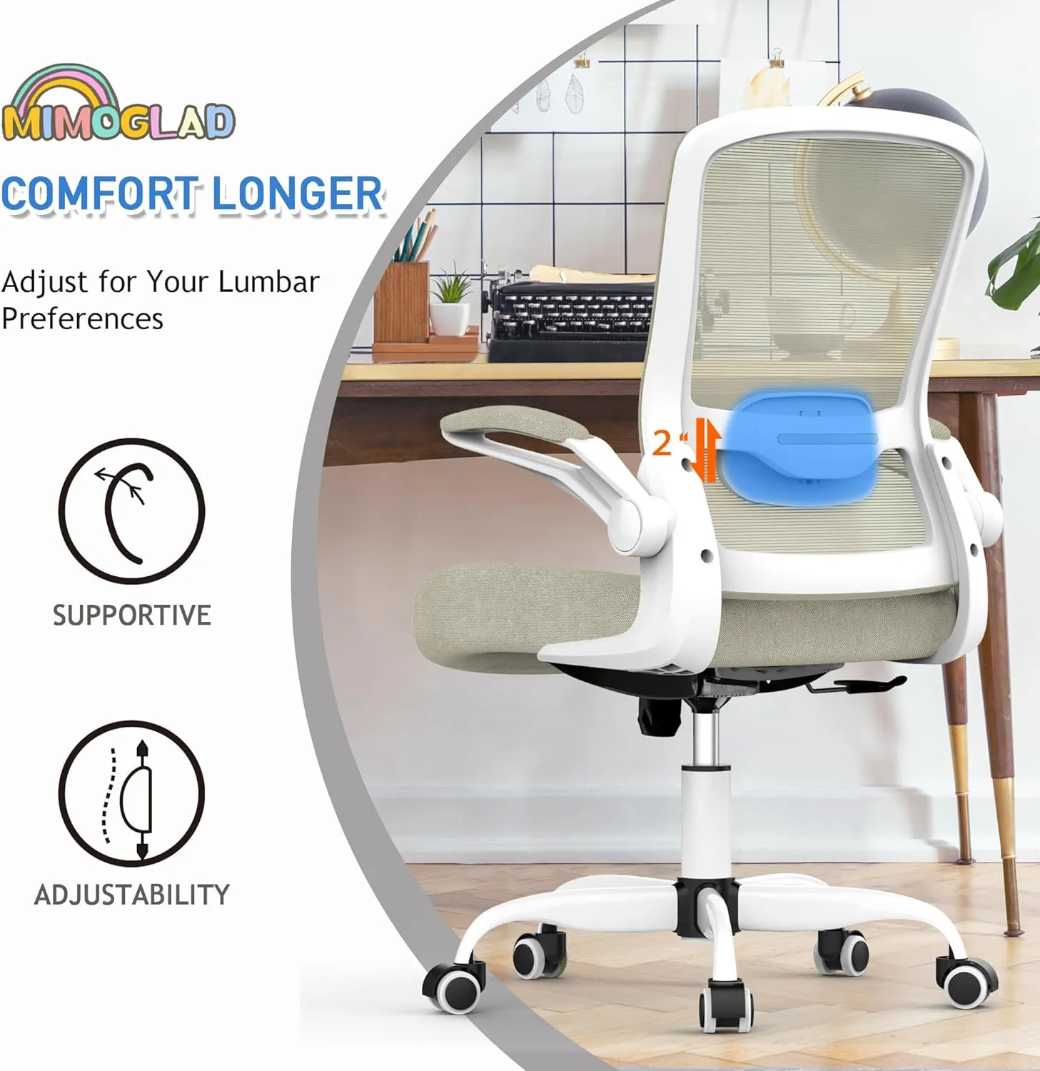 Mimoglad Home Office Chair, High Back Desk Chair, Ergonomic Mesh Computer Chair with Adjustable Lumbar Support and Thickened Seat Cushion (Modern, Beige)