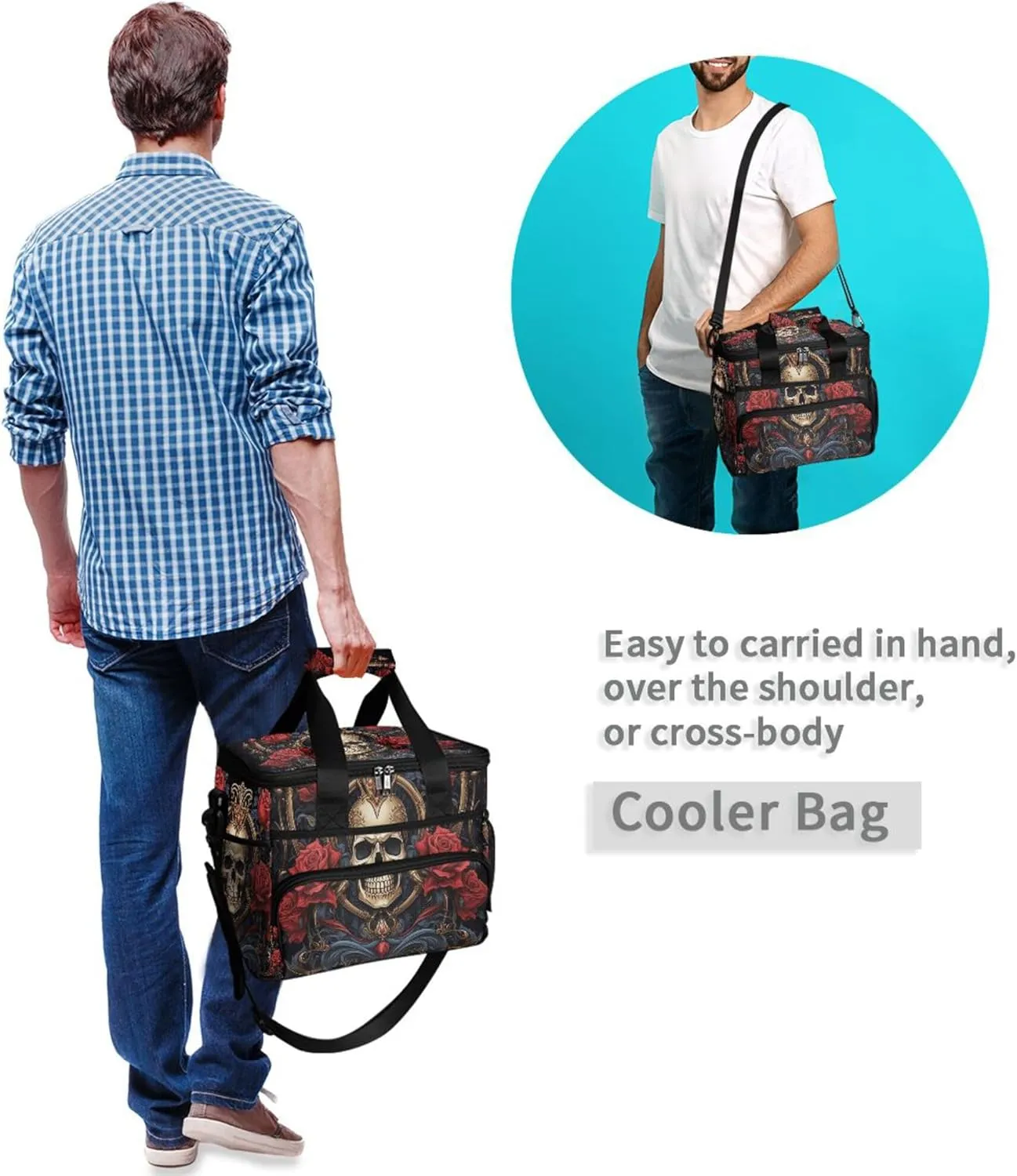MNSRUU Cooler Bag Gothic Skull Rose Soft Cooler Bag Insulated Lunch Totes Picnic Bag Beach Cooler Lunch Box Container with Adjustable Shoulder Strap