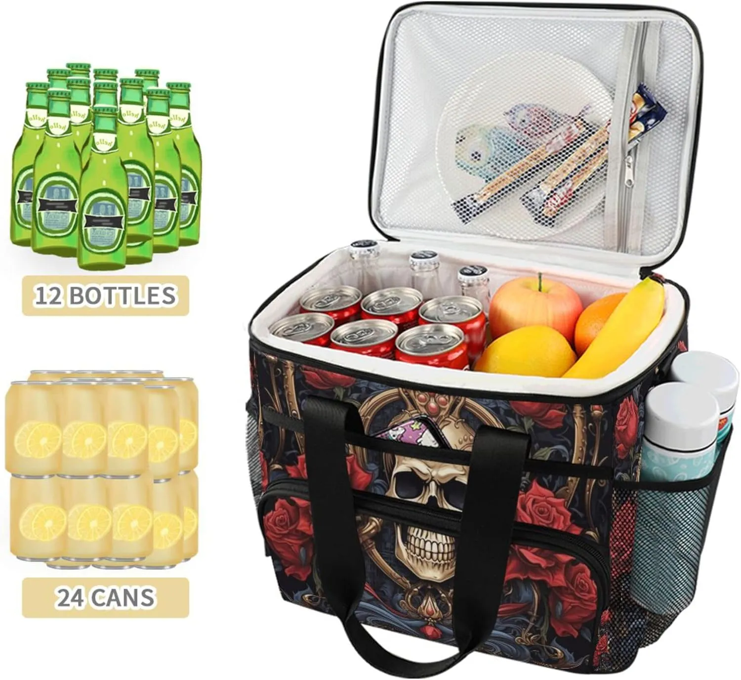 MNSRUU Cooler Bag Gothic Skull Rose Soft Cooler Bag Insulated Lunch Totes Picnic Bag Beach Cooler Lunch Box Container with Adjustable Shoulder Strap