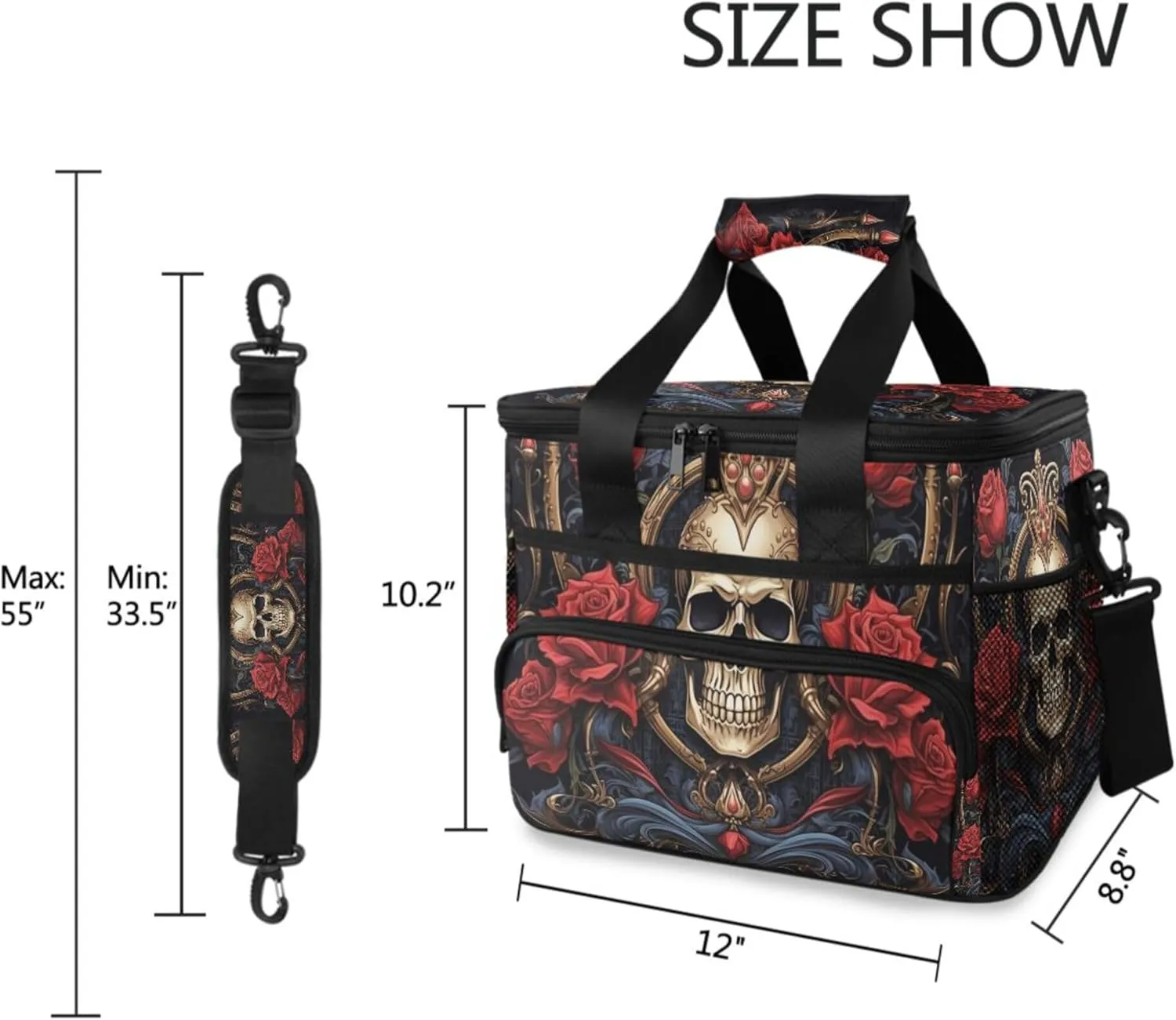 MNSRUU Cooler Bag Gothic Skull Rose Soft Cooler Bag Insulated Lunch Totes Picnic Bag Beach Cooler Lunch Box Container with Adjustable Shoulder Strap