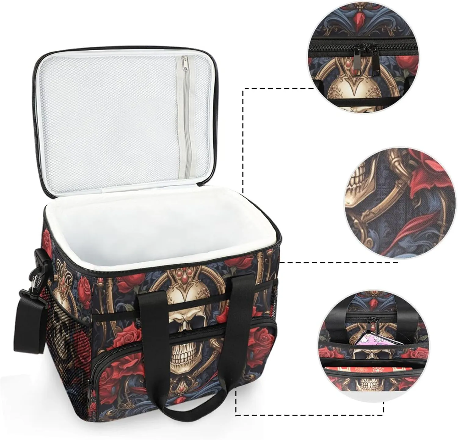 MNSRUU Cooler Bag Gothic Skull Rose Soft Cooler Bag Insulated Lunch Totes Picnic Bag Beach Cooler Lunch Box Container with Adjustable Shoulder Strap