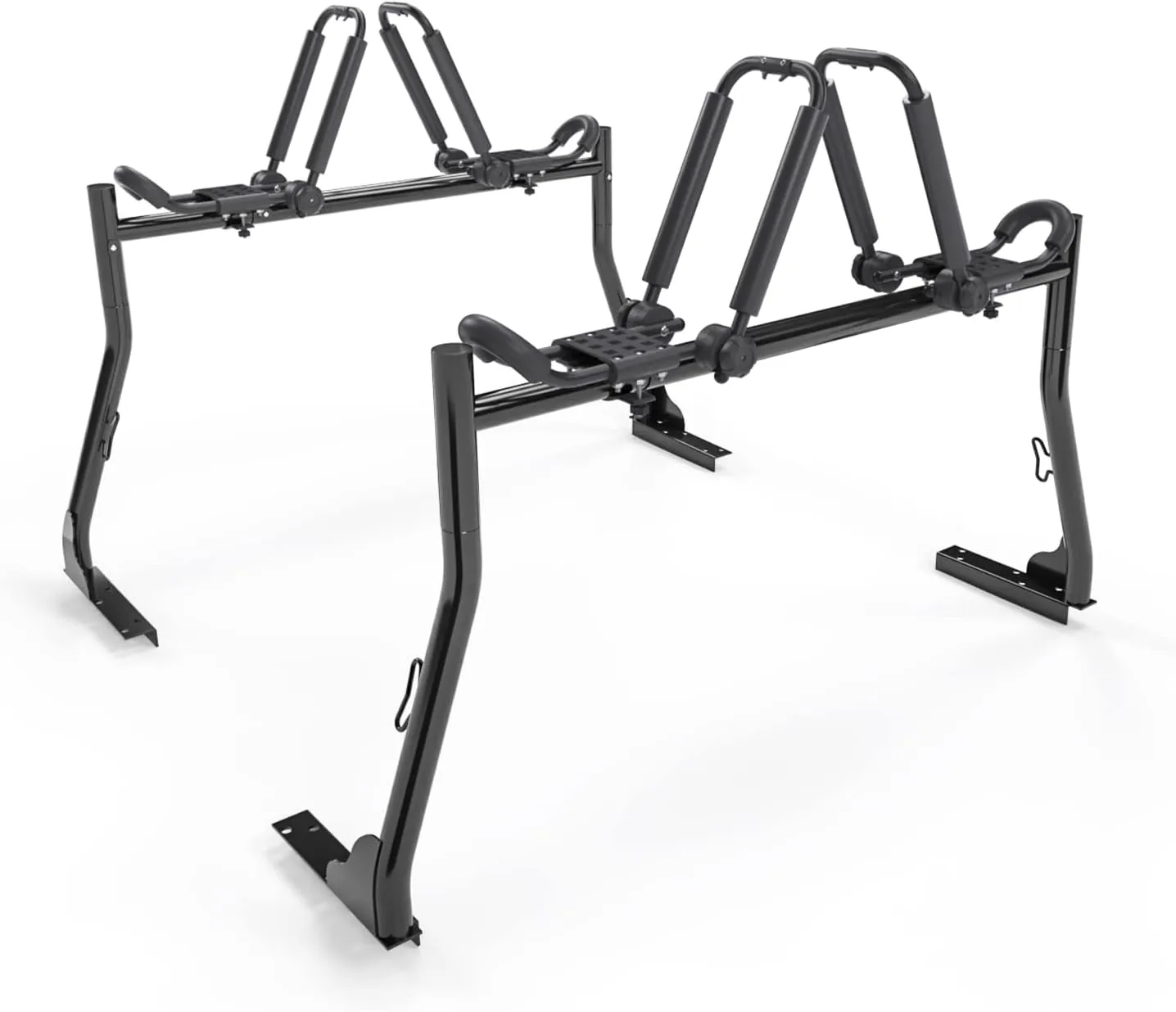 Model X31 Truck Ladder Rack with 8 Non-Drilling C-Clamps and 2 Sets Universal Steel Folding J-Bar Kayak Carrier with Ratchet Lashing Straps & Ratchet Bow and Stern Tie Down Straps