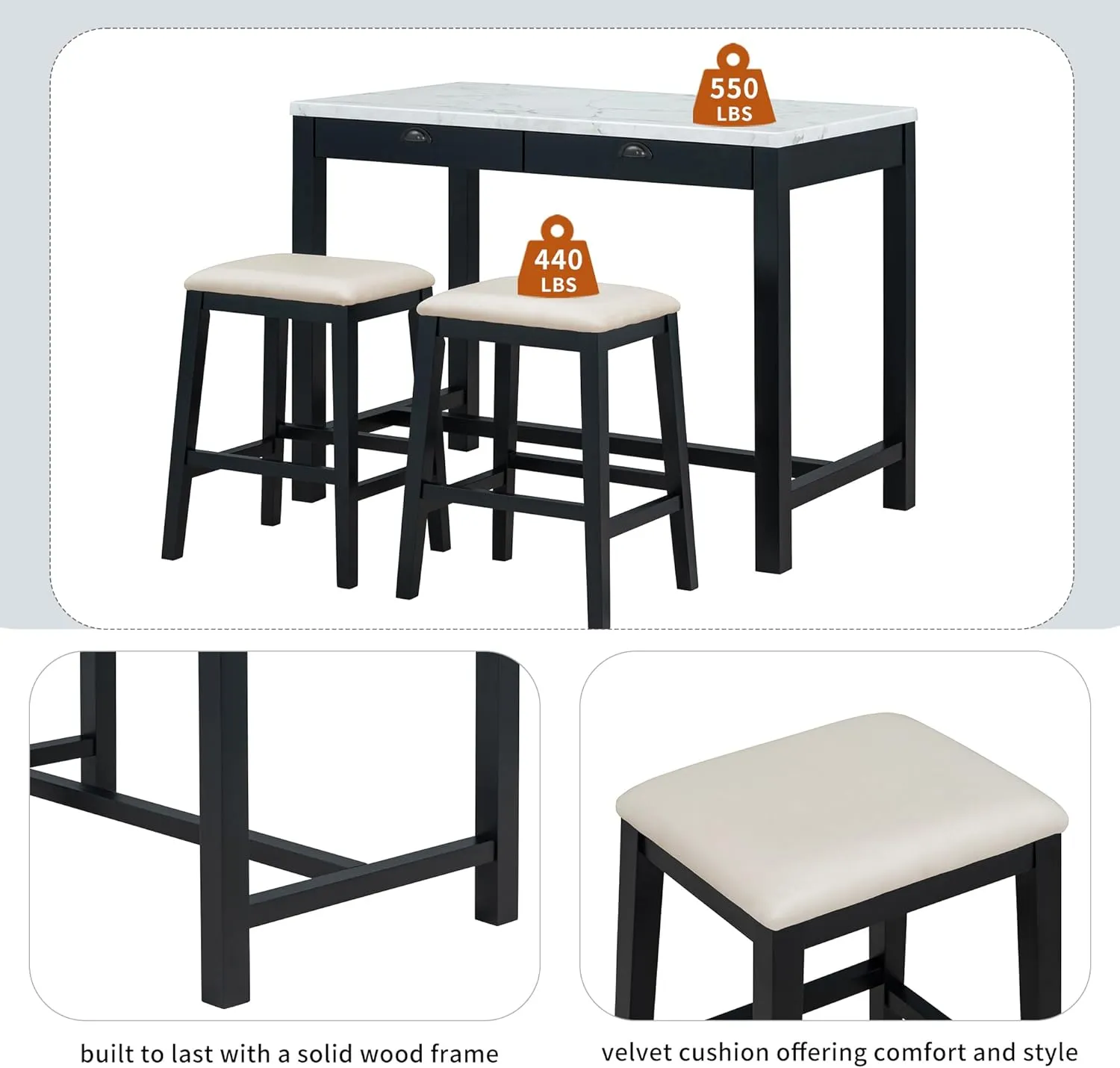 Modern Bar Table Set, 3-Piece Dining Table Set with 2 Padded Stools, Faux Marble Versatile Bar Table Set with Storage Drawers, Ideal for Space-Saving Dining Nooks or Small Kitchens (Walnut/5)