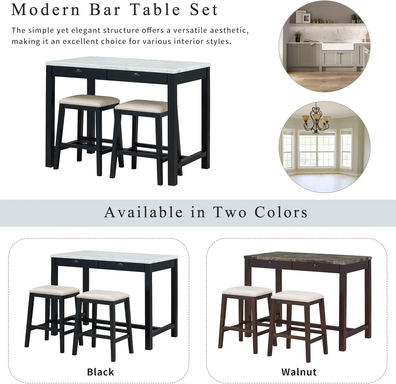 Modern Bar Table Set, 3-Piece Dining Table Set with 2 Padded Stools, Faux Marble Versatile Bar Table Set with Storage Drawers, Ideal for Space-Saving Dining Nooks or Small Kitchens (Walnut/5)