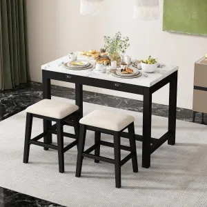 Modern Bar Table Set, 3-Piece Dining Table Set with 2 Padded Stools, Faux Marble Versatile Bar Table Set with Storage Drawers, Ideal for Space-Saving Dining Nooks or Small Kitchens (Walnut/5)
