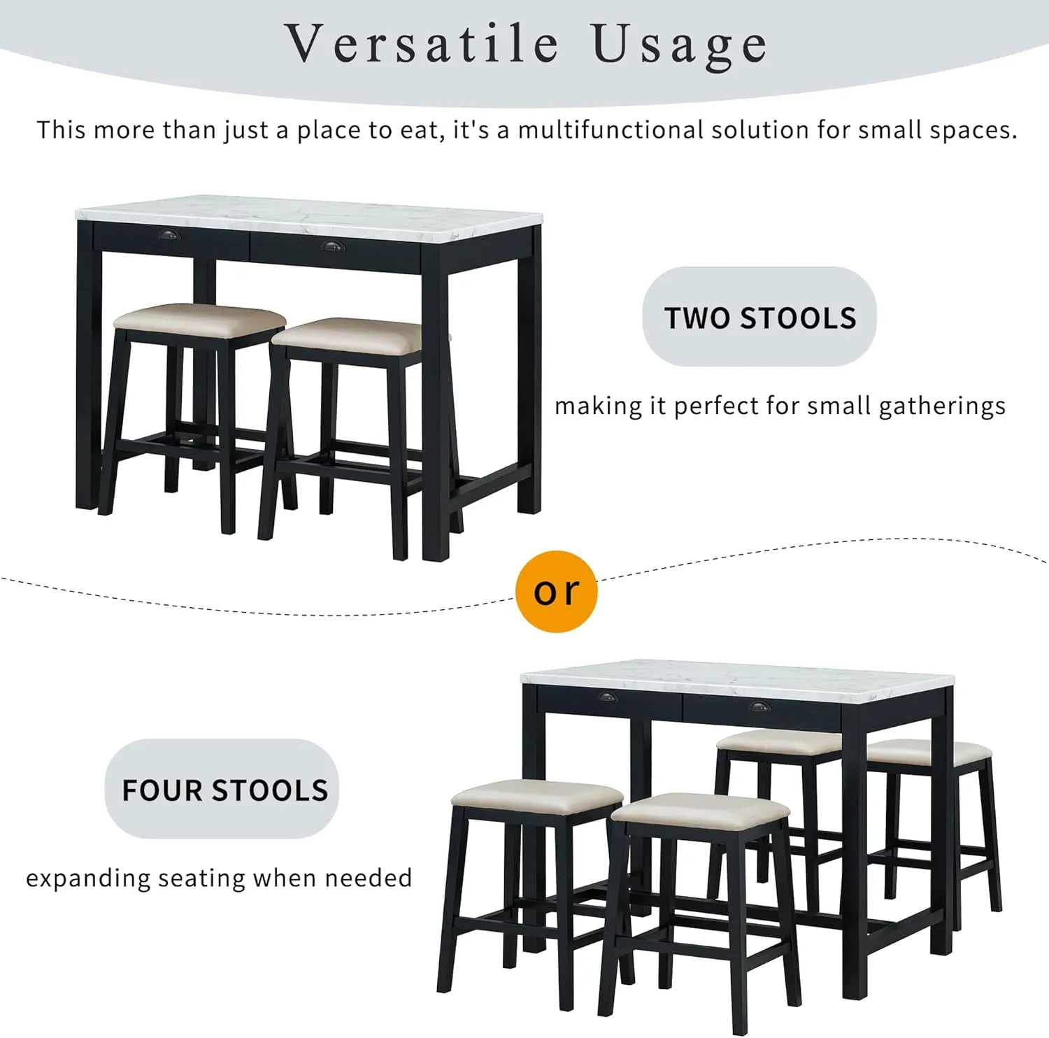 Modern Bar Table Set, 3-Piece Dining Table Set with 2 Padded Stools, Faux Marble Versatile Bar Table Set with Storage Drawers, Ideal for Space-Saving Dining Nooks or Small Kitchens (Walnut/5)