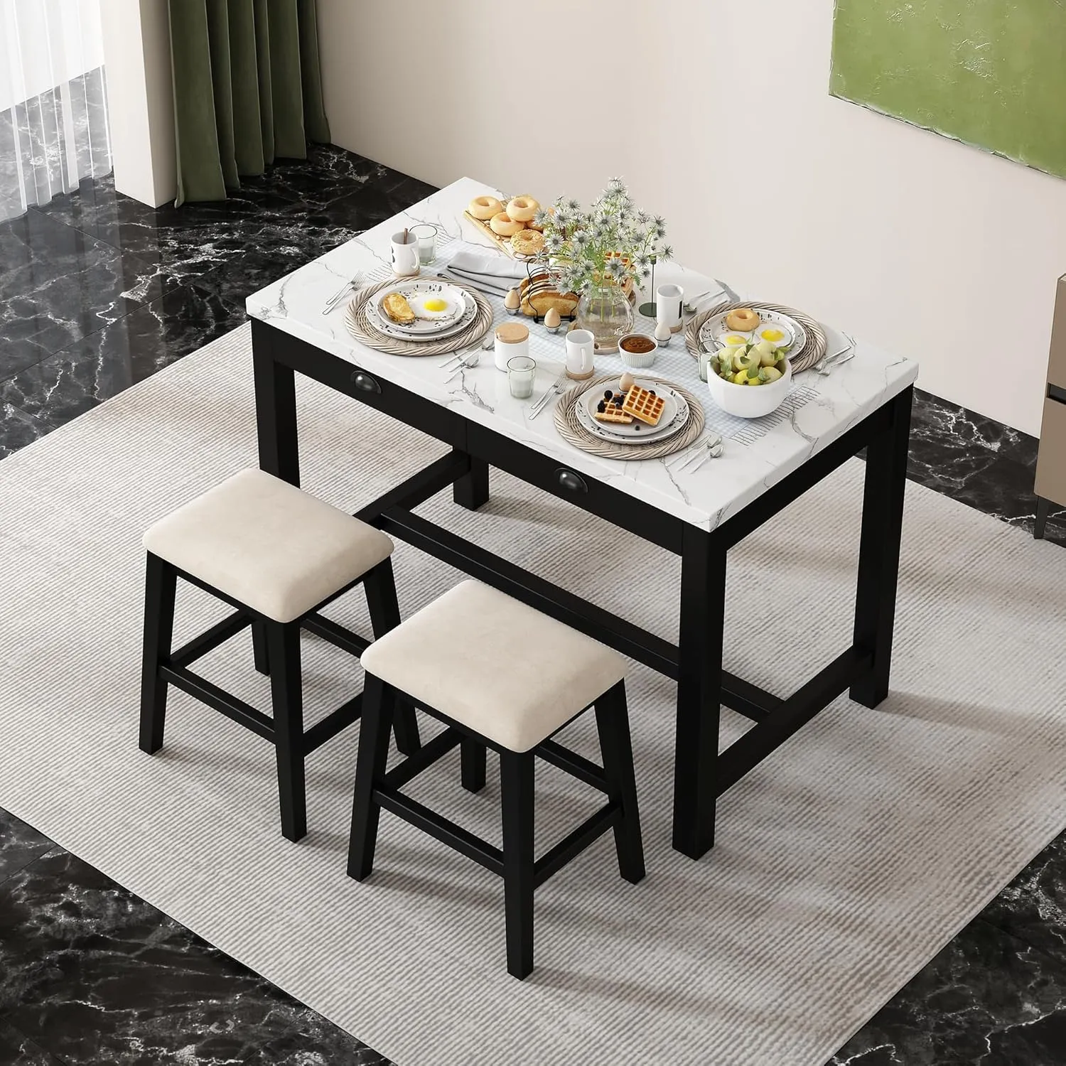 Modern Bar Table Set, 3-Piece Dining Table Set with 2 Padded Stools, Faux Marble Versatile Bar Table Set with Storage Drawers, Ideal for Space-Saving Dining Nooks or Small Kitchens (Walnut/5)