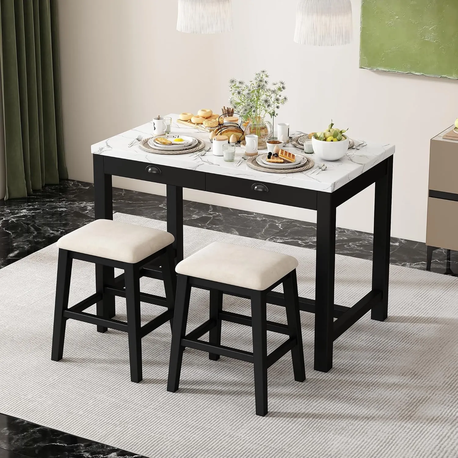 Modern Bar Table Set, 3-Piece Dining Table Set with 2 Padded Stools, Faux Marble Versatile Bar Table Set with Storage Drawers, Ideal for Space-Saving Dining Nooks or Small Kitchens (Walnut/5)