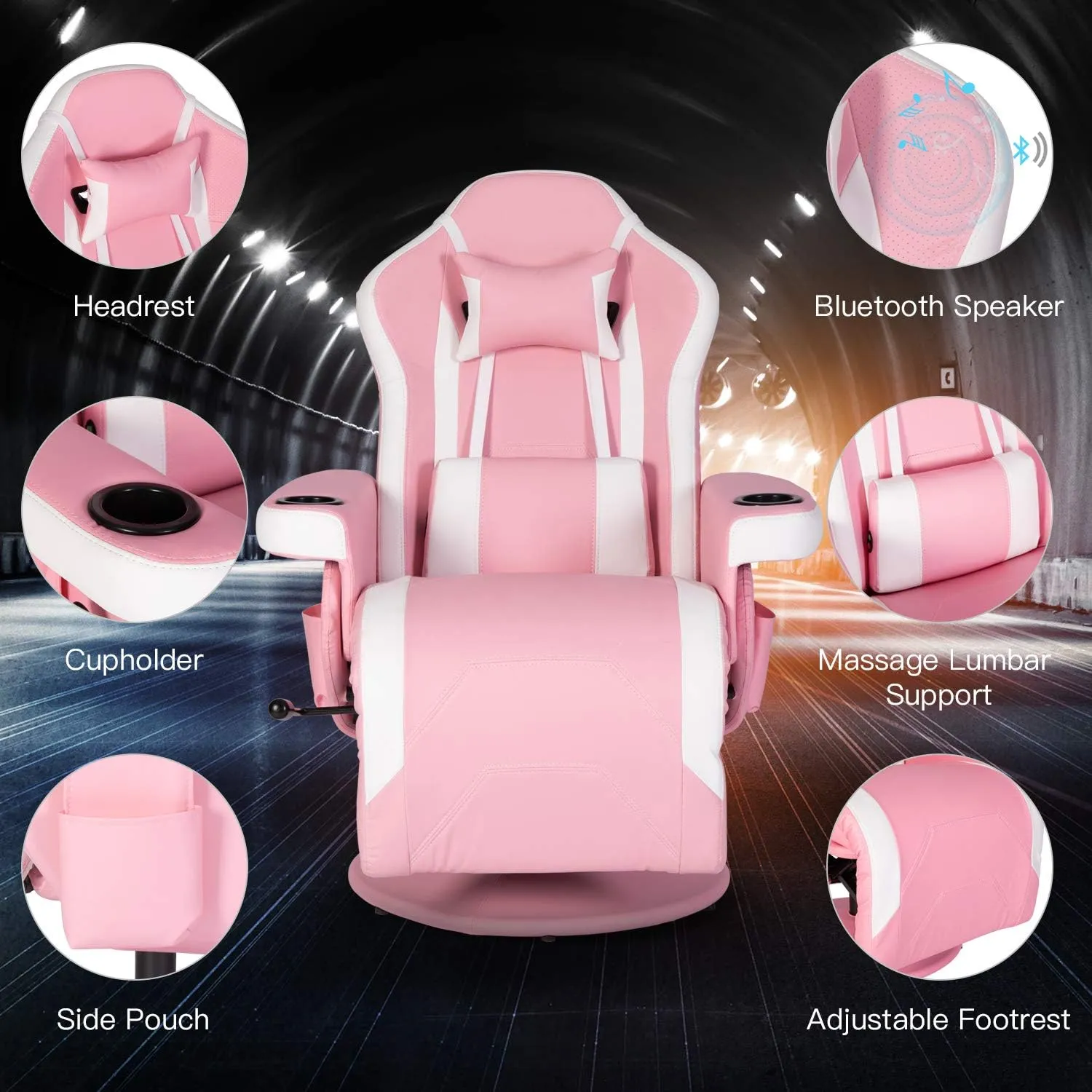 Modern-Depo Massage Video Gaming Recliner Chair Ergonomic High Back Swivel Reclining Chair with Speakers, Cupholder, Headrest, Lumbar Support, Adjustable Backrest and Footrest, Pink White