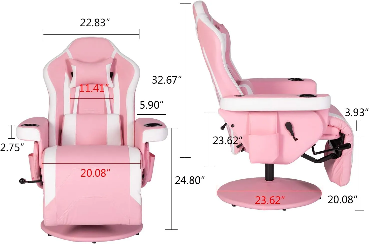 Modern-Depo Massage Video Gaming Recliner Chair Ergonomic High Back Swivel Reclining Chair with Speakers, Cupholder, Headrest, Lumbar Support, Adjustable Backrest and Footrest, Pink White