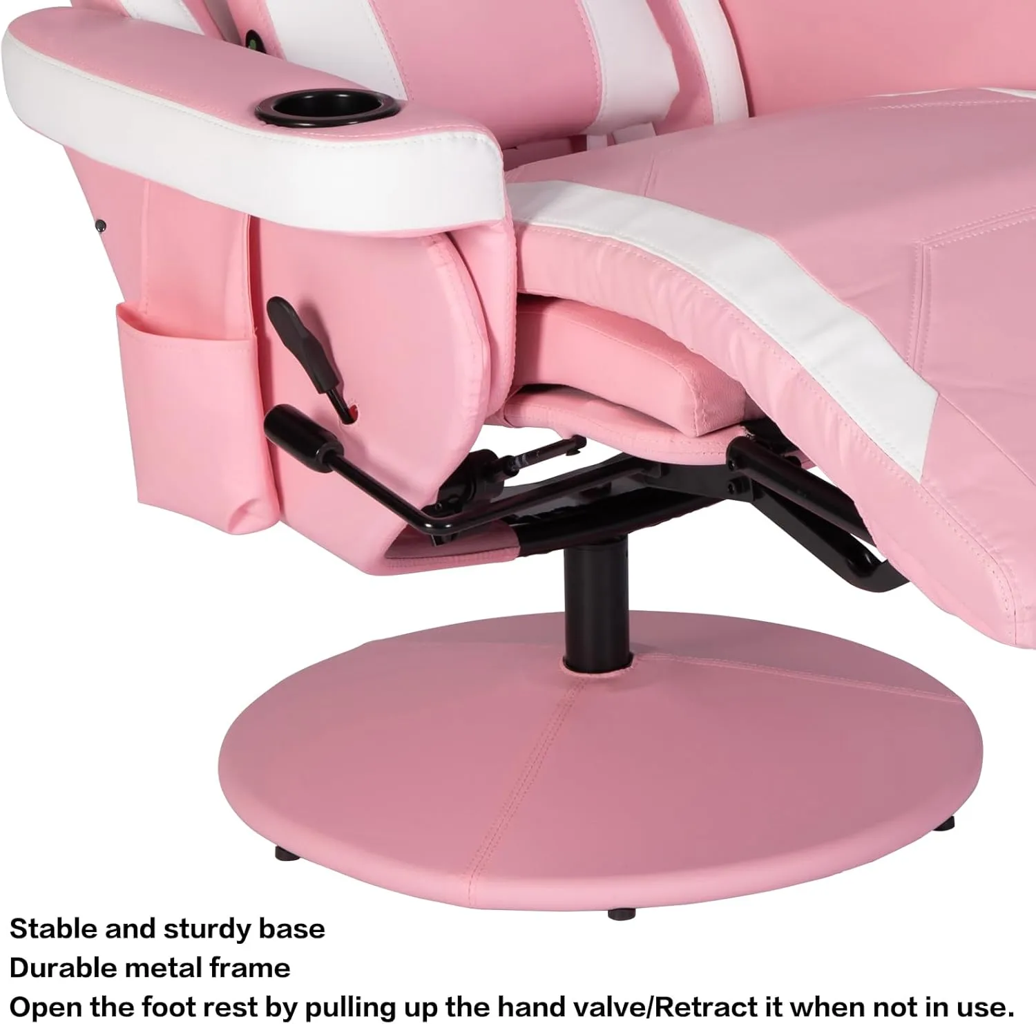 Modern-Depo Massage Video Gaming Recliner Chair Ergonomic High Back Swivel Reclining Chair with Speakers, Cupholder, Headrest, Lumbar Support, Adjustable Backrest and Footrest, Pink White