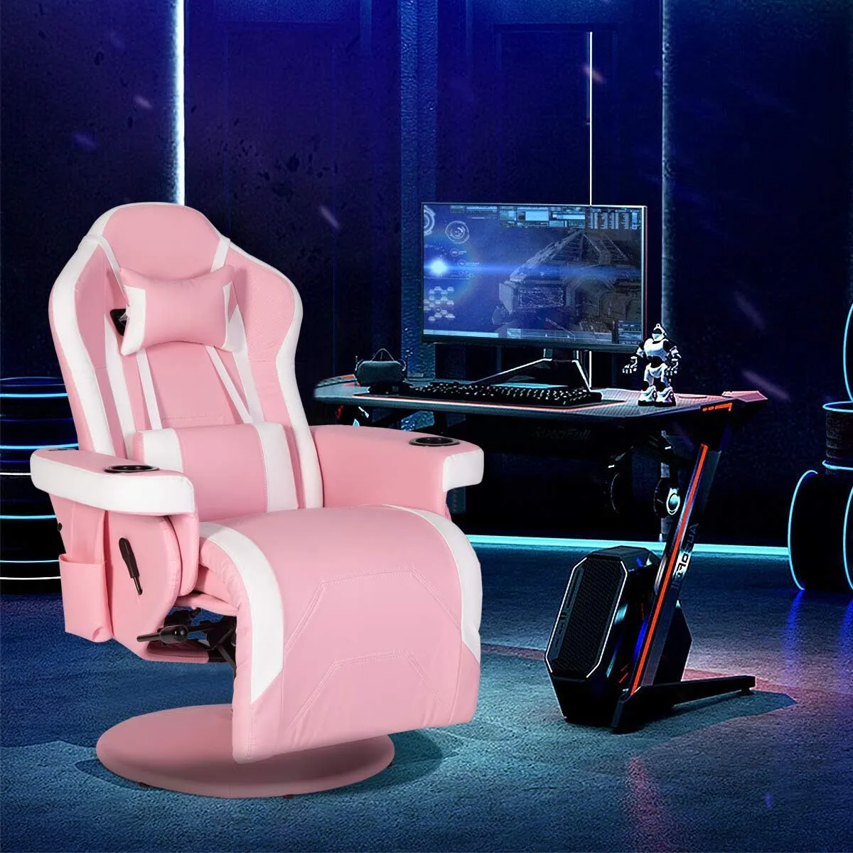 Modern-Depo Massage Video Gaming Recliner Chair Ergonomic High Back Swivel Reclining Chair with Speakers, Cupholder, Headrest, Lumbar Support, Adjustable Backrest and Footrest, Pink White