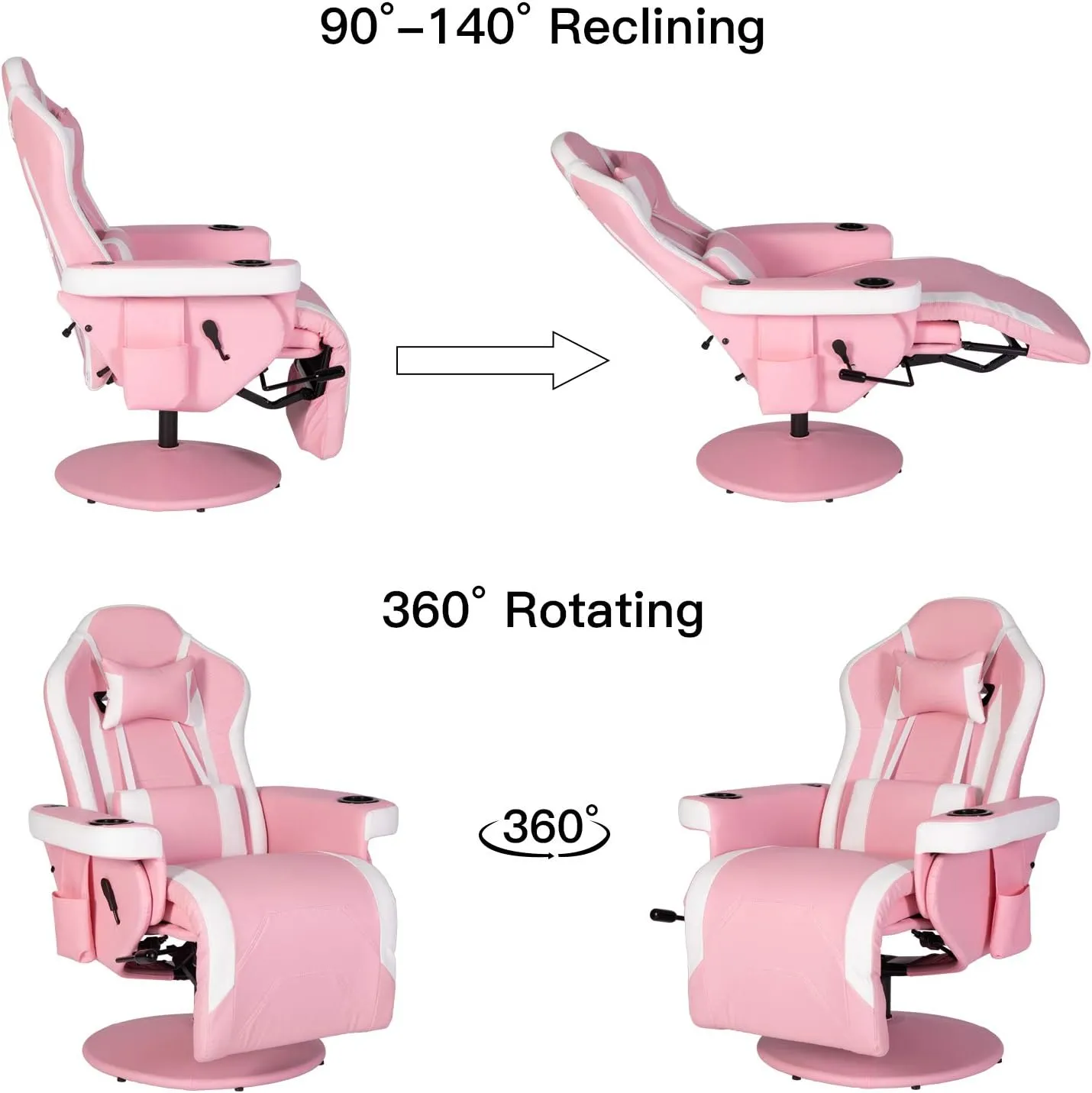Modern-Depo Massage Video Gaming Recliner Chair Ergonomic High Back Swivel Reclining Chair with Speakers, Cupholder, Headrest, Lumbar Support, Adjustable Backrest and Footrest, Pink White