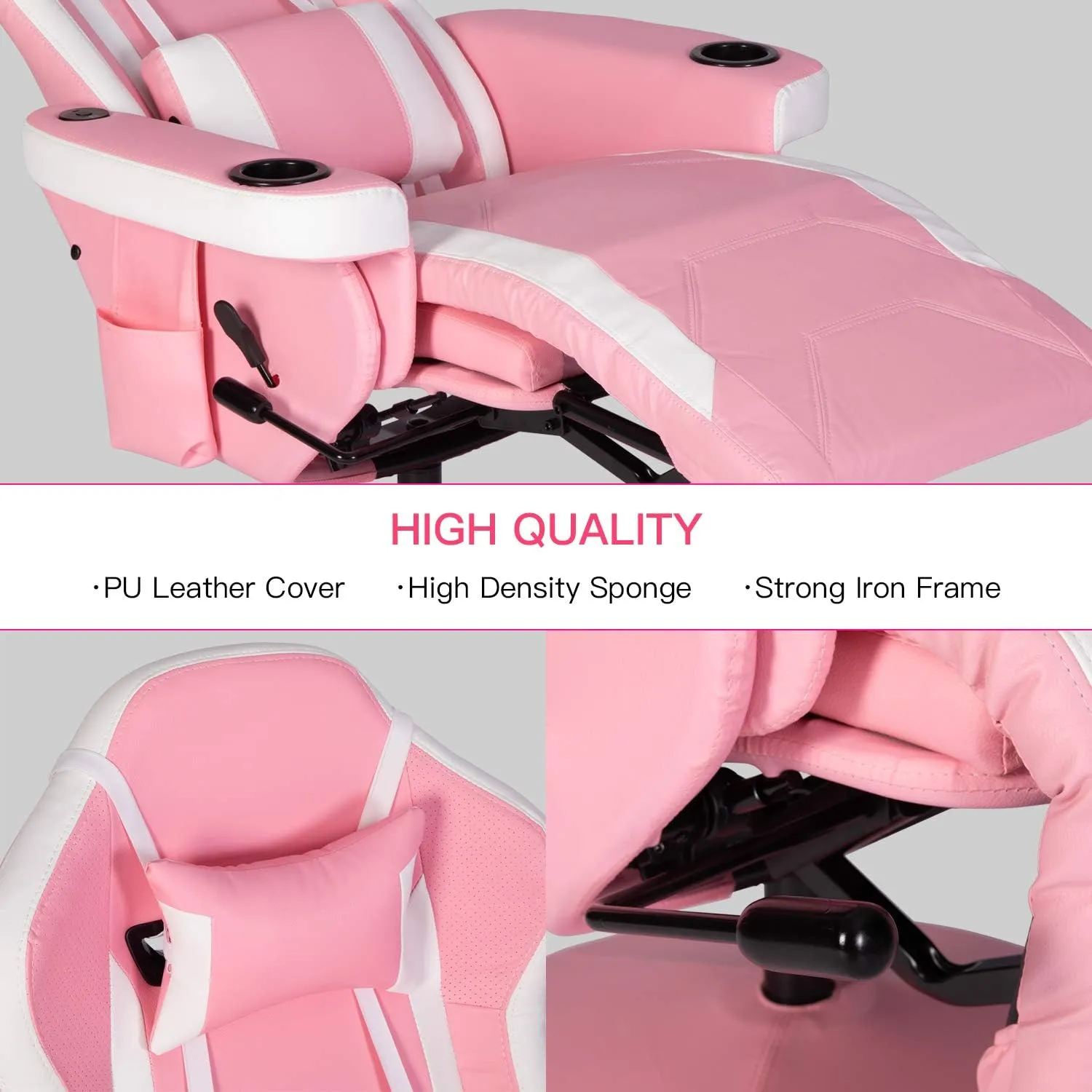 Modern-Depo Massage Video Gaming Recliner Chair Ergonomic High Back Swivel Reclining Chair with Speakers, Cupholder, Headrest, Lumbar Support, Adjustable Backrest and Footrest, Pink White