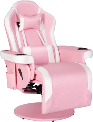 Modern-Depo Massage Video Gaming Recliner Chair Ergonomic High Back Swivel Reclining Chair with Speakers, Cupholder, Headrest, Lumbar Support, Adjustable Backrest and Footrest, Pink White