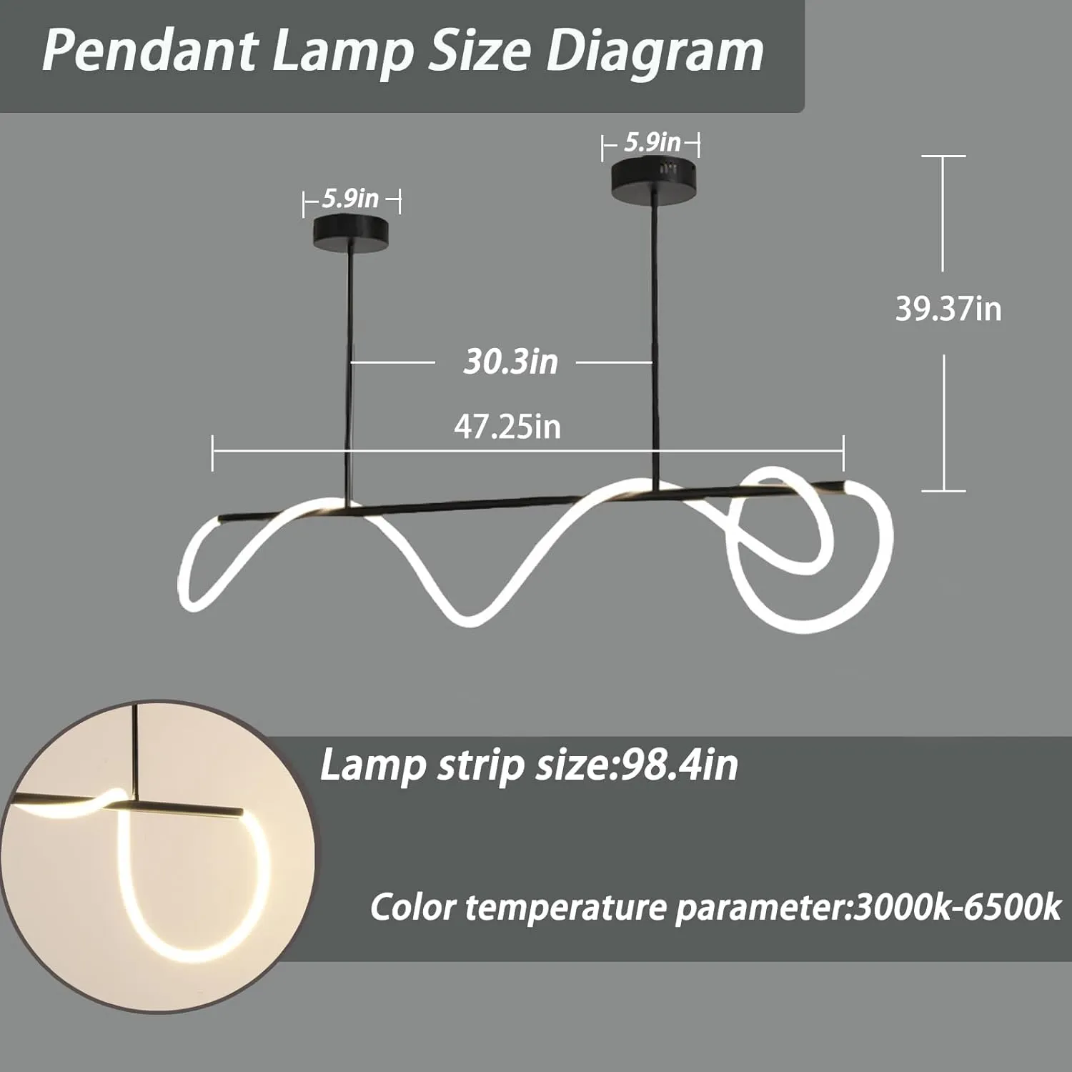 Modern Pendant Lights,Pendant Lights Kitchen Island,Remote Control Dimmable Chandelier Lights,Adjustable Height Led Pendant Light,for Dining Room,Billiard Room Chandeliers ﻿ (Black, 47.25in)