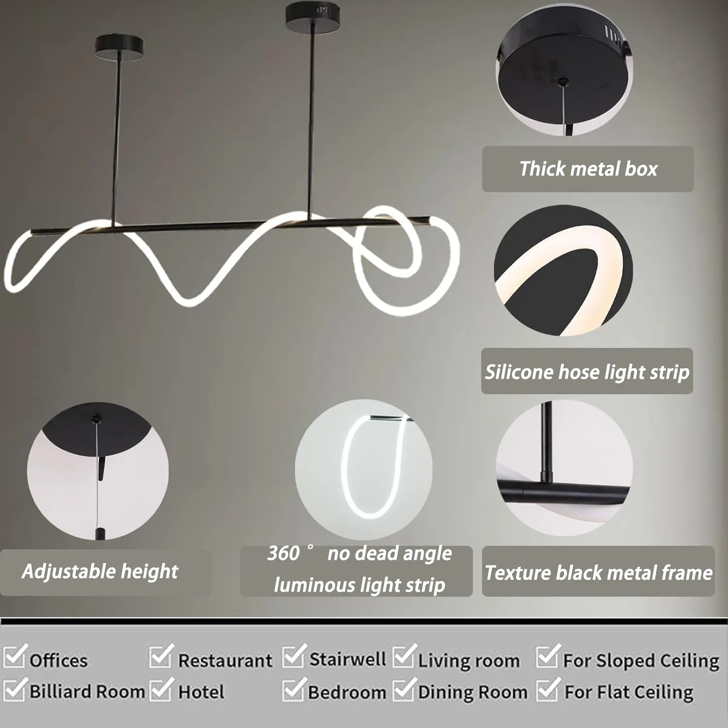 Modern Pendant Lights,Pendant Lights Kitchen Island,Remote Control Dimmable Chandelier Lights,Adjustable Height Led Pendant Light,for Dining Room,Billiard Room Chandeliers ﻿ (Black, 47.25in)