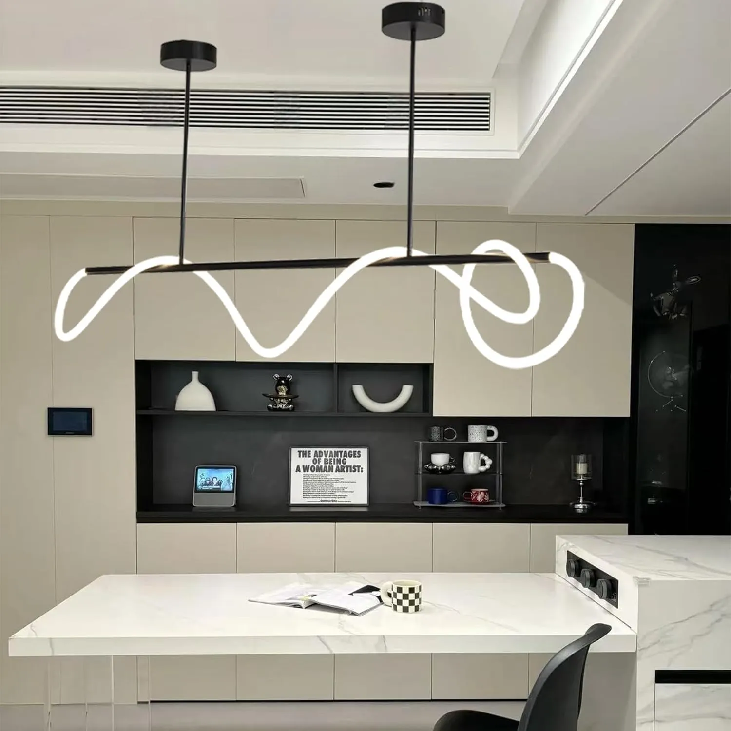 Modern Pendant Lights,Pendant Lights Kitchen Island,Remote Control Dimmable Chandelier Lights,Adjustable Height Led Pendant Light,for Dining Room,Billiard Room Chandeliers ﻿ (Black, 47.25in)