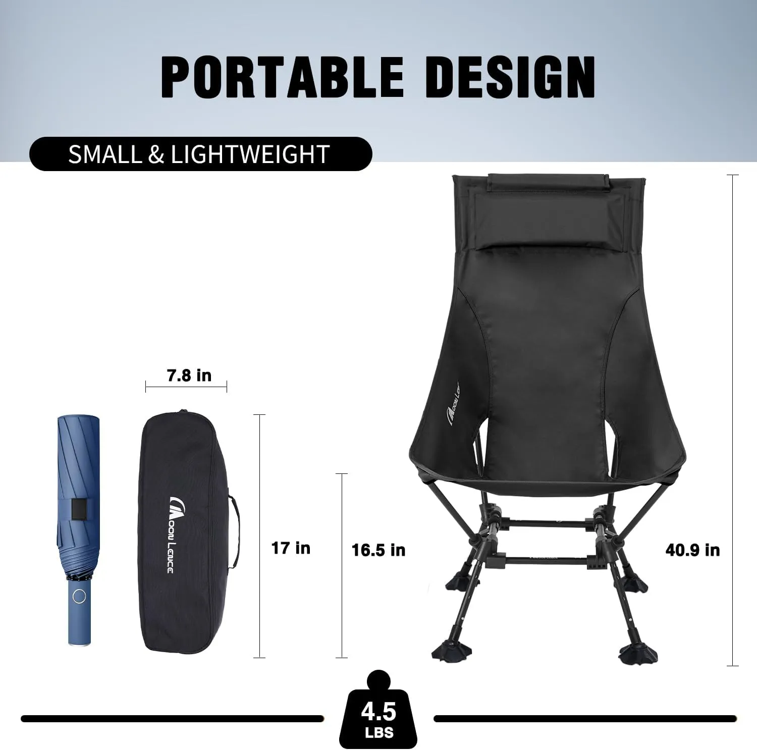 MOON LENCE High Back Folding Camping Chairs, Comfy Head Support, 5 Modes Choice, Portable Lightweight, Beach Lawn Camp Chair, with Height-Adjustable Legs & Anti-Sinking Feet