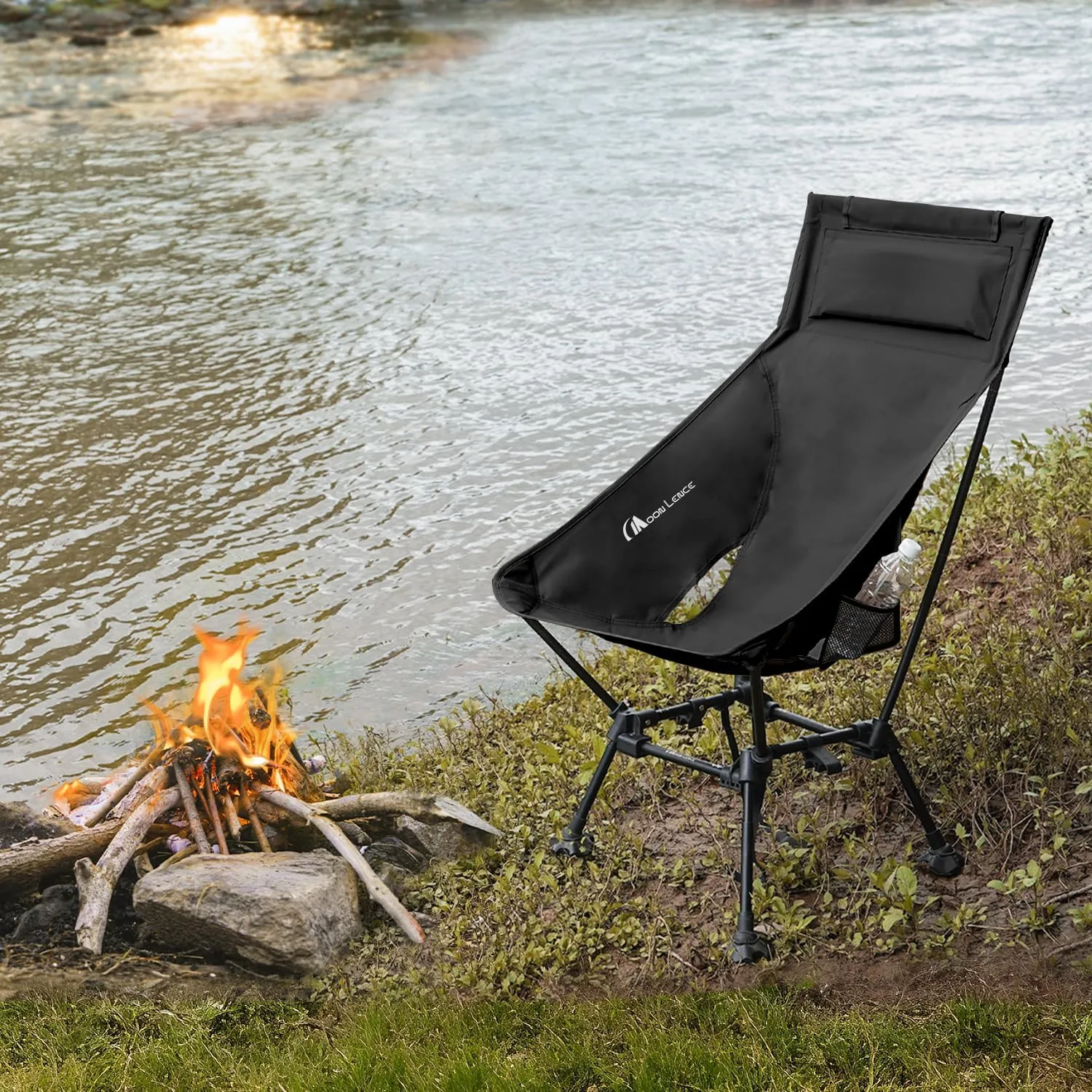 MOON LENCE High Back Folding Camping Chairs, Comfy Head Support, 5 Modes Choice, Portable Lightweight, Beach Lawn Camp Chair, with Height-Adjustable Legs & Anti-Sinking Feet