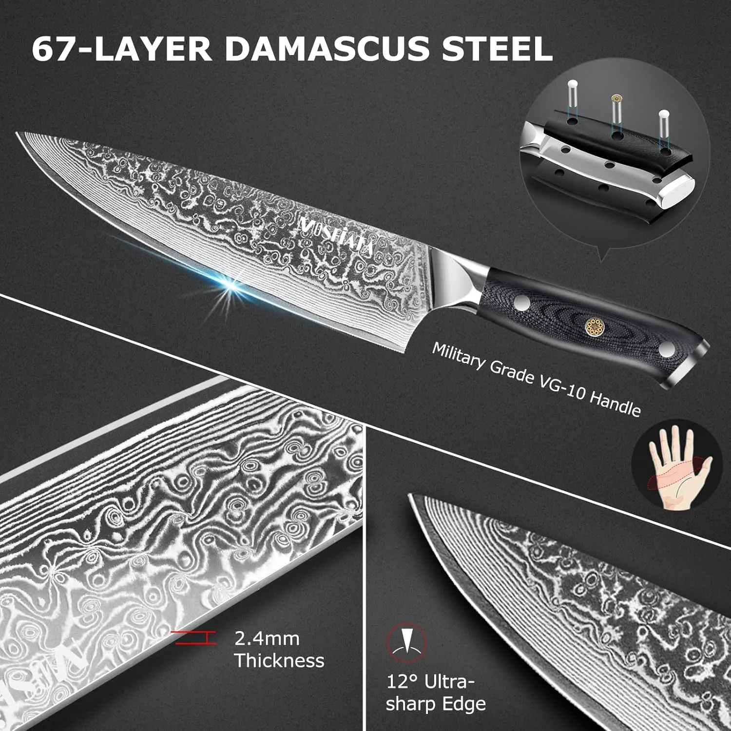 MOSFiATA Chef Knife 8 Inch, Damascus Kitchen Knife,Ultra Sharp Chef's Knives with 67-Layer Damascus Steel VG-10 Blade,Knife Sharpener Rod Gift Box