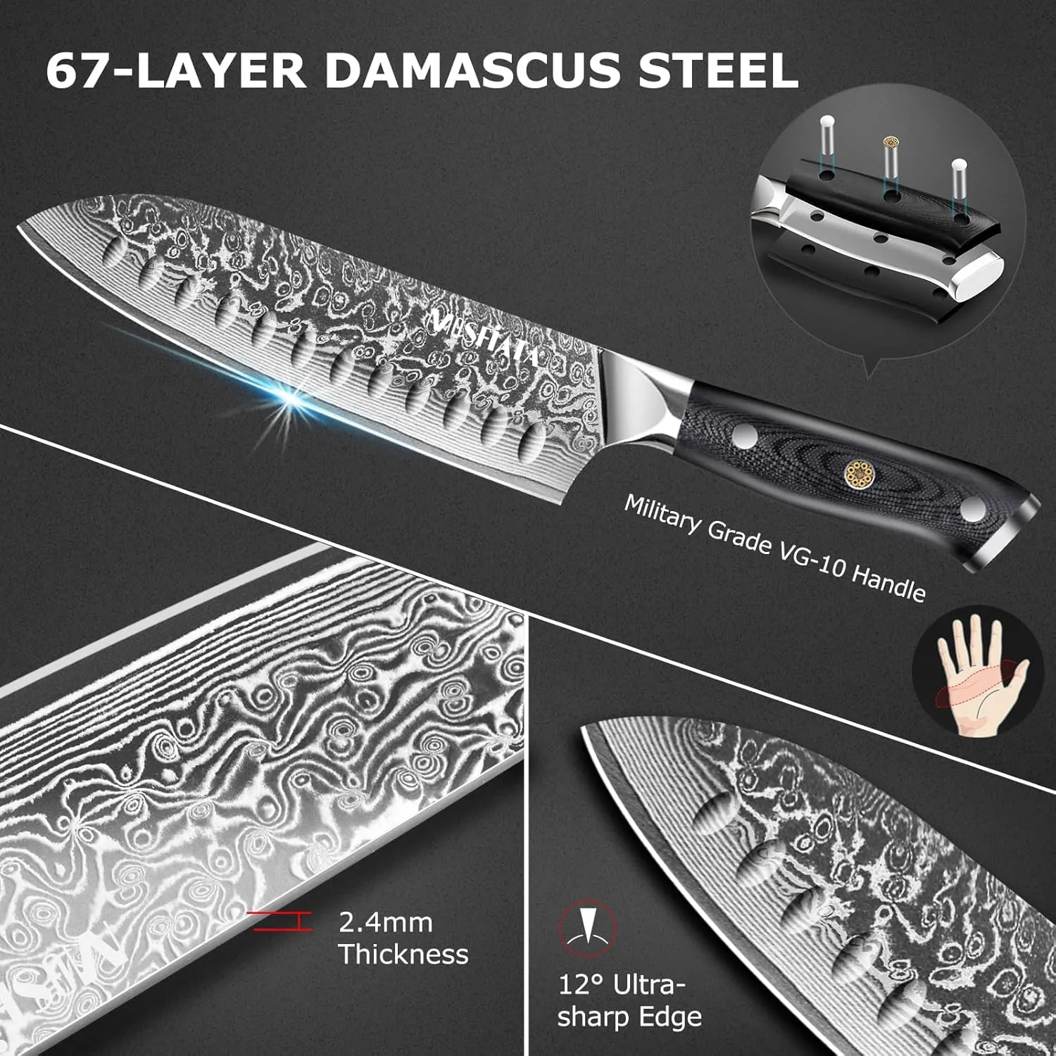 MOSFiATA Chef Knife,Kitchen Knife Santoku Chef's Knife 7 inch Multifunction Kitchen Knives Damascus Steel VG-10 Blade,Knife Sharpener Rod Gift Box