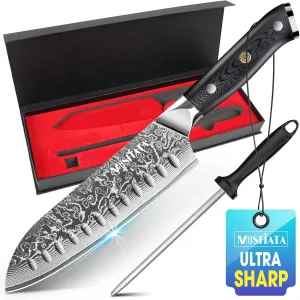 MOSFiATA Chef Knife,Kitchen Knife Santoku Chef's Knife 7 inch Multifunction Kitchen Knives Damascus Steel VG-10 Blade,Knife Sharpener Rod Gift Box
