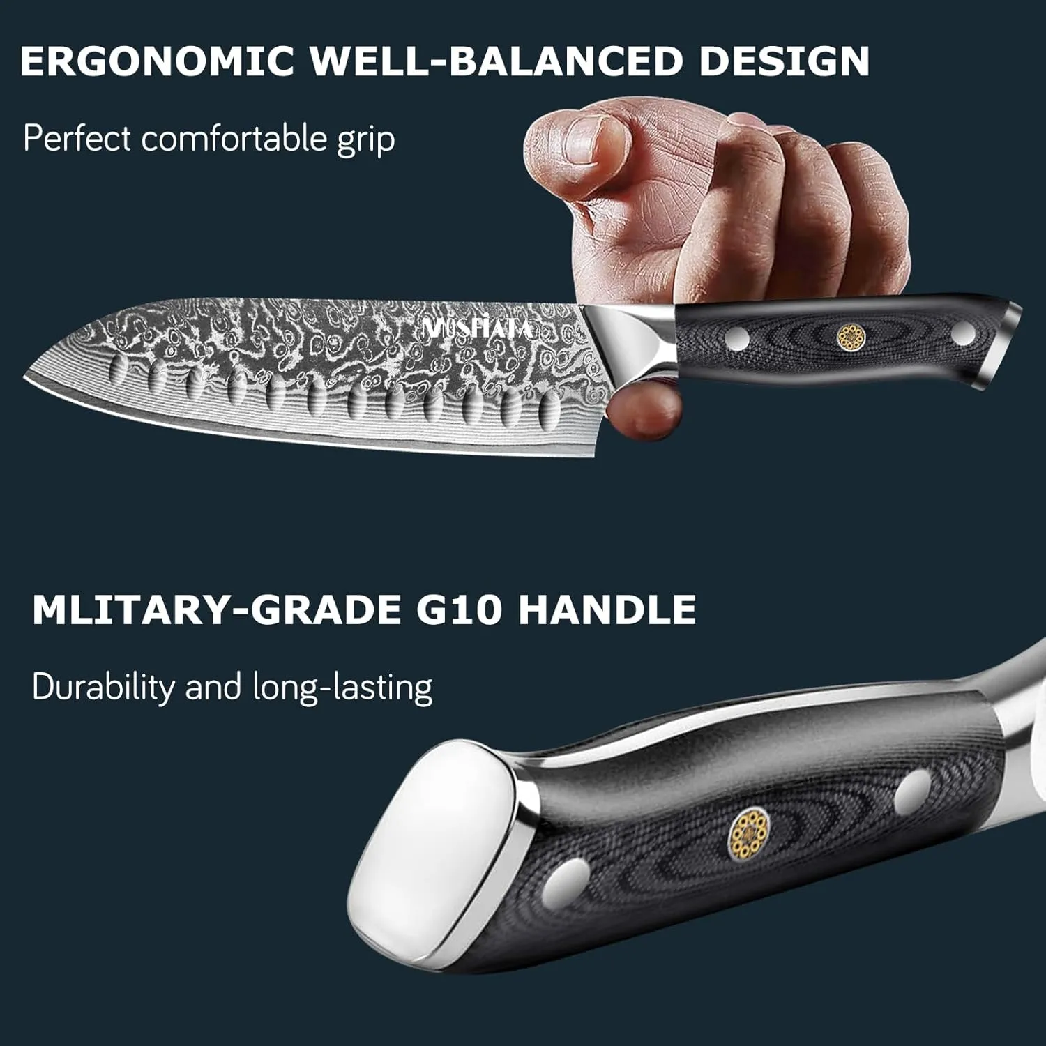 MOSFiATA Chef Knife,Kitchen Knife Santoku Chef's Knife 7 inch Multifunction Kitchen Knives Damascus Steel VG-10 Blade,Knife Sharpener Rod Gift Box