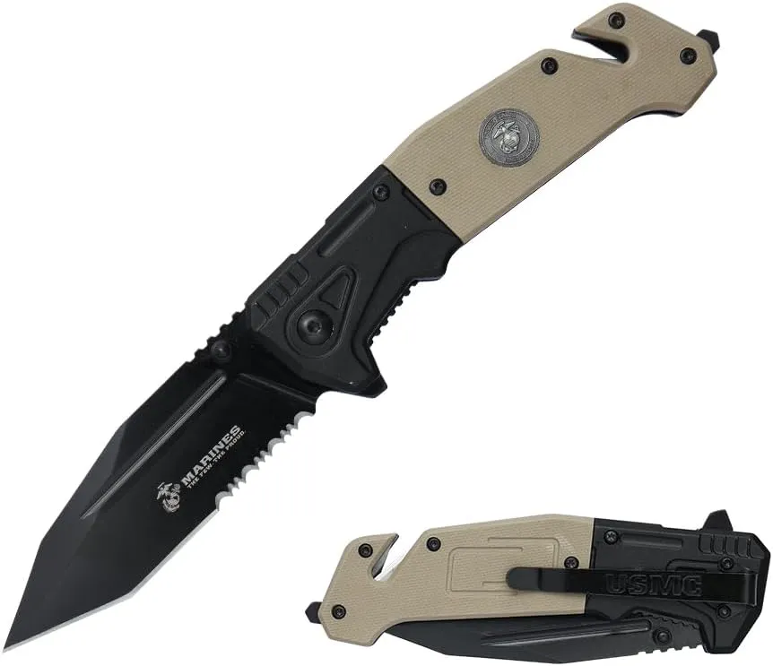 MTECH USA Pocket Folding Knife, 8.50" Overall Length, 3.55" Tanto Blade, G10 Handle, Glass Breaker and Rope Cutter, Tan, EDC