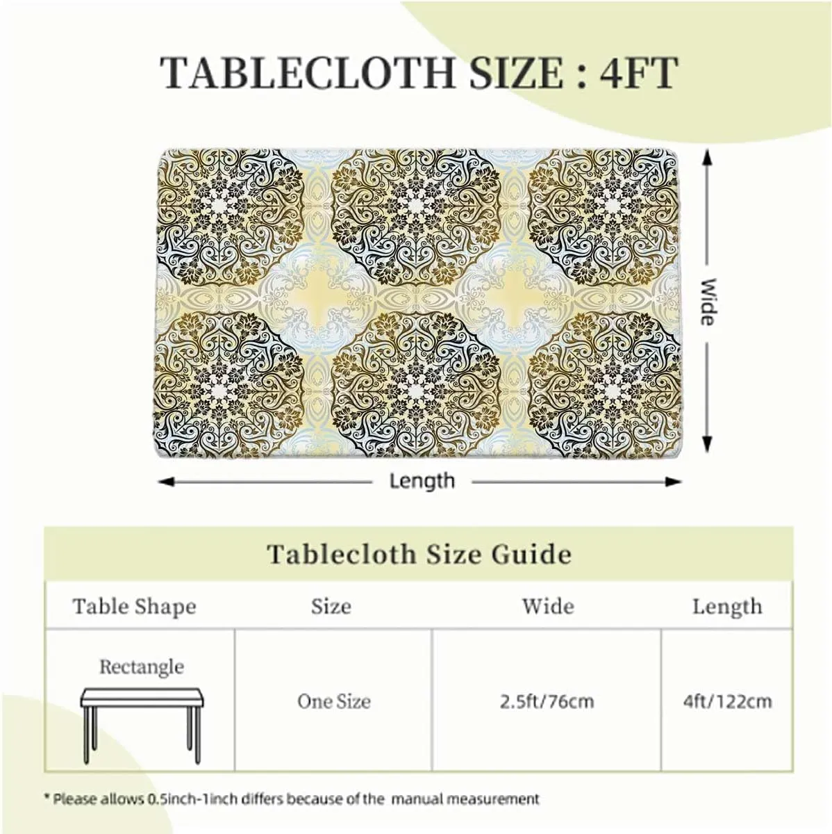 Multicolor Rectangle Table Cloth Cover, Antique Design Oriental Flowers Geometric Fitted Tablecloth Elastic Edge Table Cloth for Party Dining Home Picnic Floral Fits up 4 Foot Tables