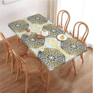 Multicolor Rectangle Table Cloth Cover, Antique Design Oriental Flowers Geometric Fitted Tablecloth Elastic Edge Table Cloth for Party Dining Home Picnic Floral Fits up 4 Foot Tables