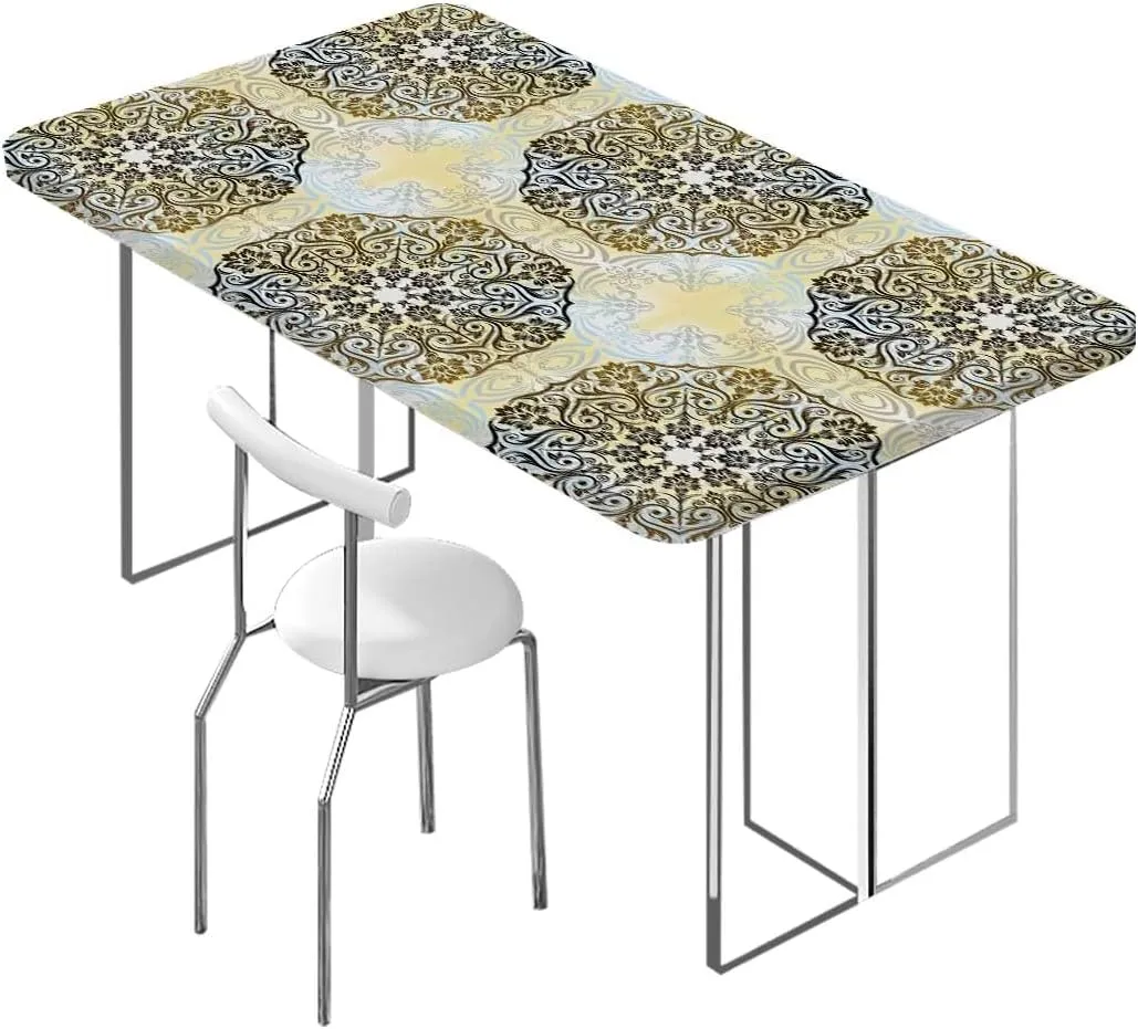 Multicolor Rectangle Table Cloth Cover, Antique Design Oriental Flowers Geometric Fitted Tablecloth Elastic Edge Table Cloth for Party Dining Home Picnic Floral Fits up 4 Foot Tables