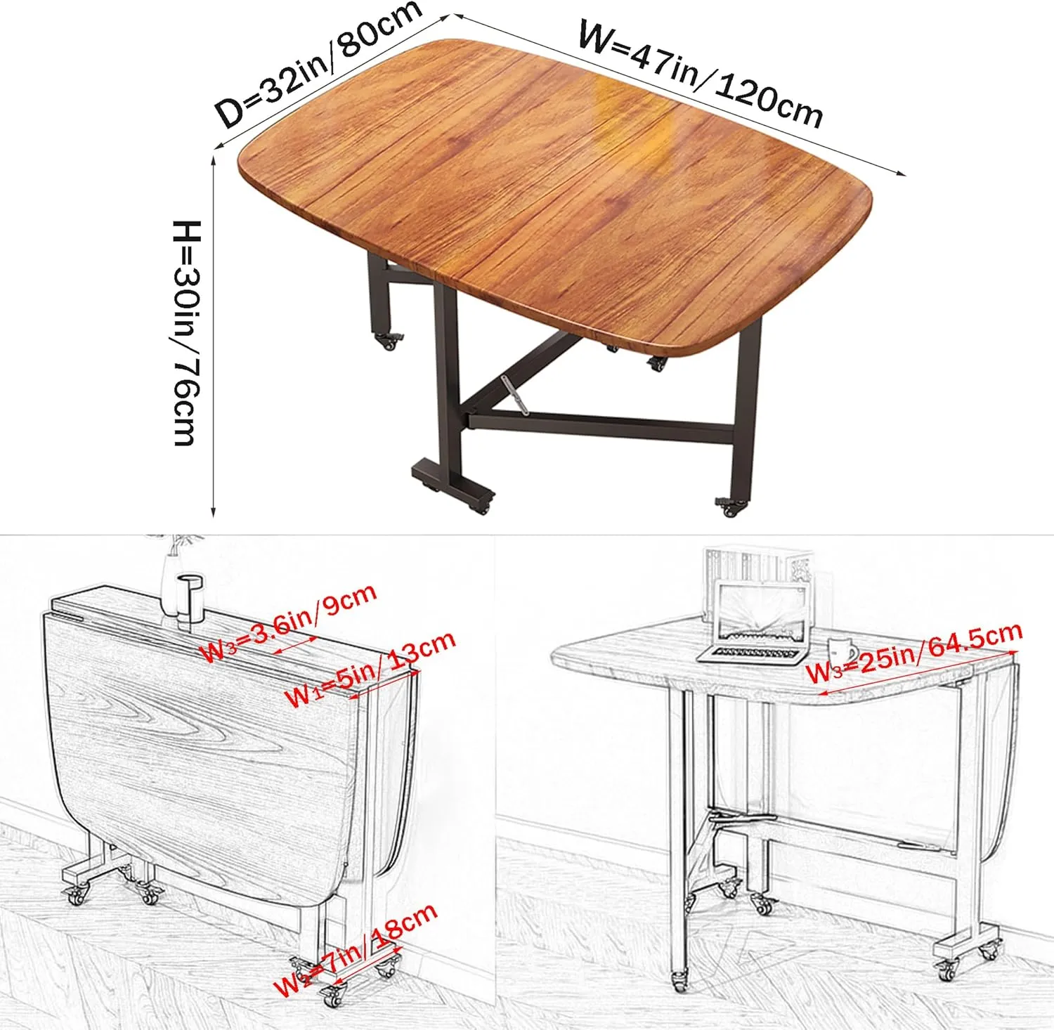Multifunction Table Drop Leaf Dining Table - 47" Wooden Foldable Kitchen Table with 6 Wheels (Brown)