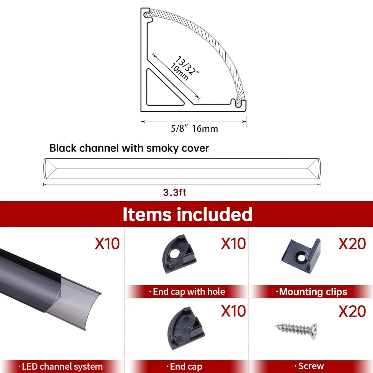 Muzata 10Pack 3.3FT/1M Black LED Channel System with Transparent Smoky Black Cover Lens Aluminum Extrusion Profile Strip Tape Lights V-Shape V1SW BB 1M