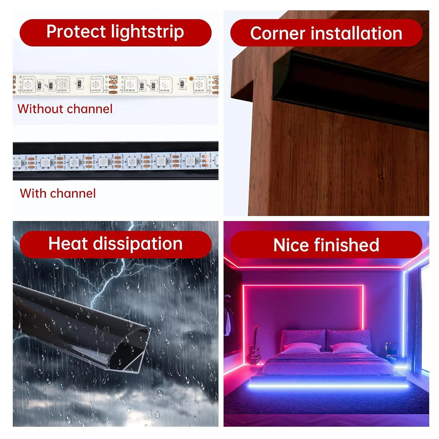 Muzata 10Pack 3.3FT/1M Black LED Channel System with Transparent Smoky Black Cover Lens Aluminum Extrusion Profile Strip Tape Lights V-Shape V1SW BB 1M