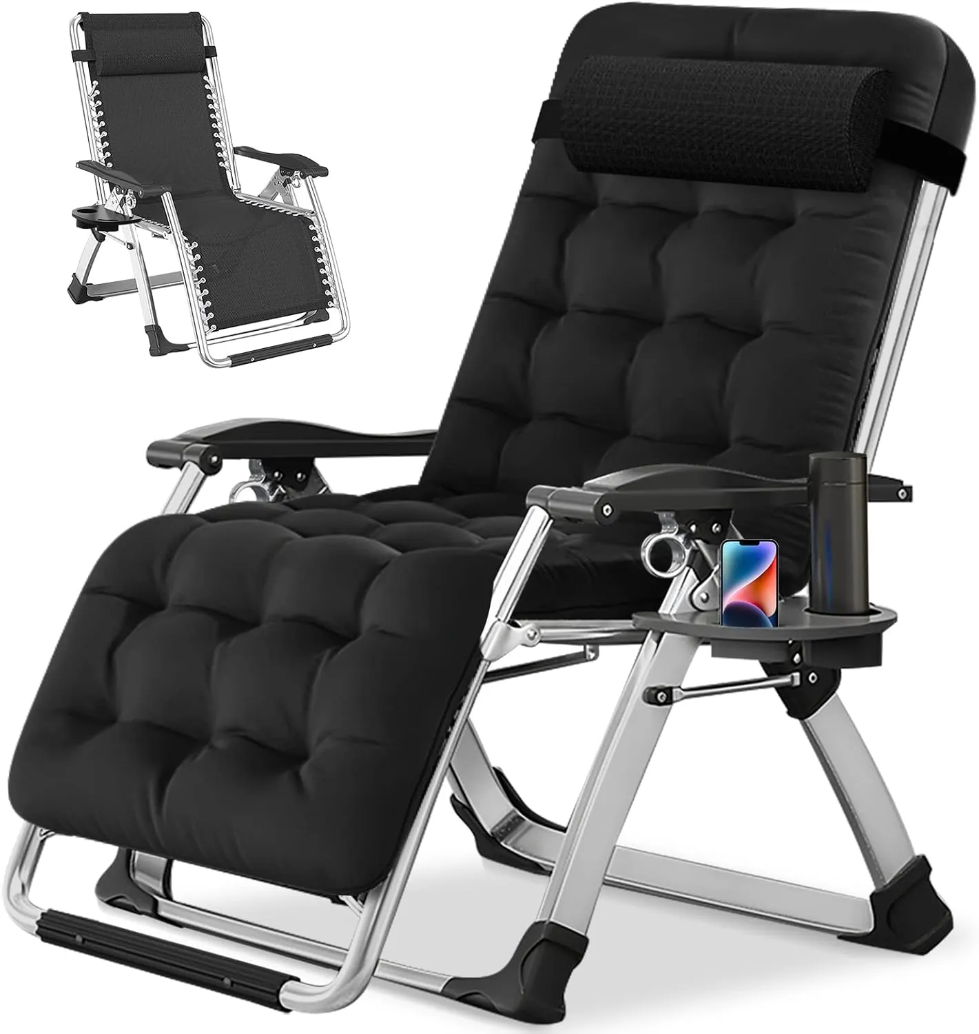 NAIZEA Lounge Chair Padded Zero Gravity Chair Folding Adjustable Reclining Patio Chairs with Cup Holder, Ergonomic Patio Recliner Chairs for Kids and Adult for Indoor Outdoor