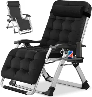 NAIZEA Lounge Chair Padded Zero Gravity Chair Folding Adjustable Reclining Patio Chairs with Cup Holder, Ergonomic Patio Recliner Chairs for Kids and Adult for Indoor Outdoor