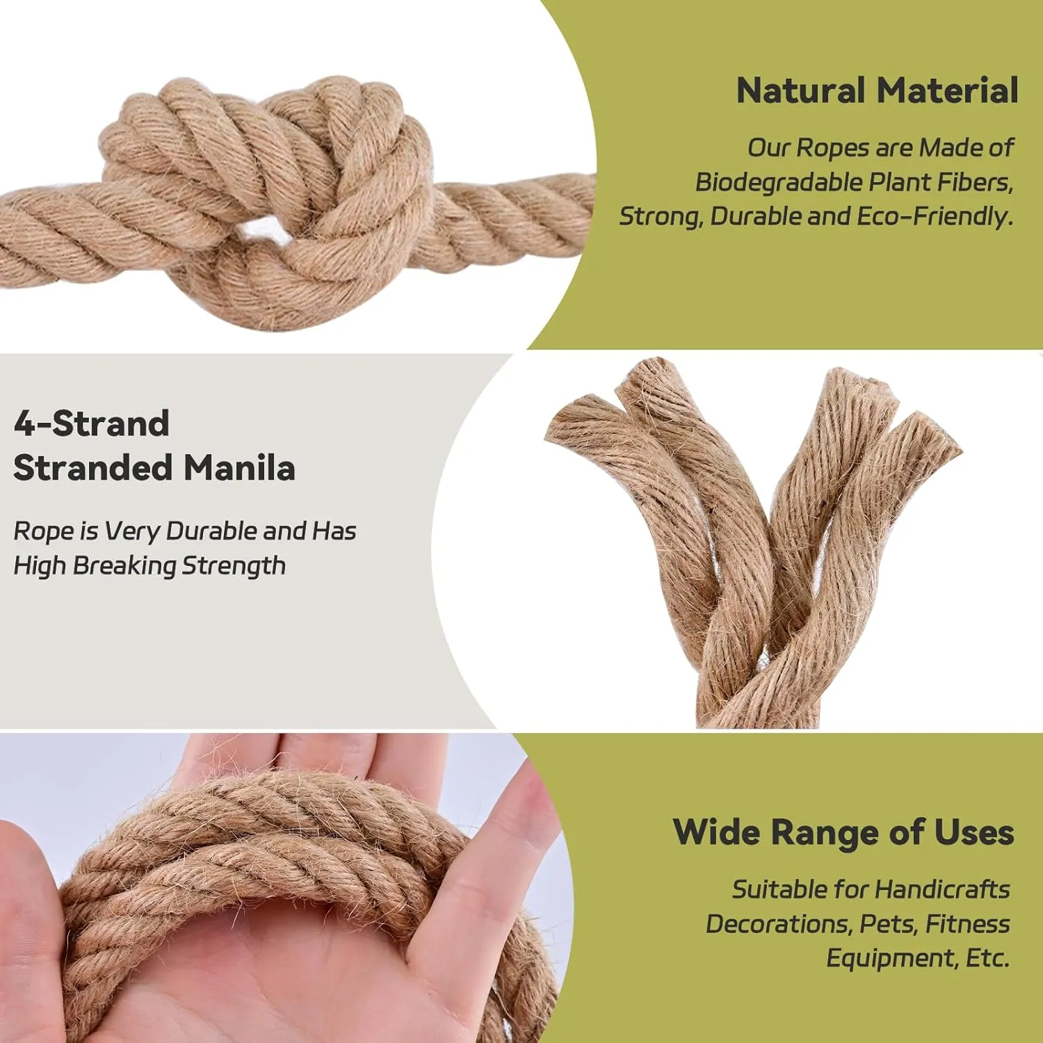 Natural Hemp Rope 3/4 inch 50Ft Thick Twisted Manila Rope Heavy Duty Jute for Crafts, Porch Swing, Tug of War, Nautical, Home Decorating, Railing, Docks, Landscaping