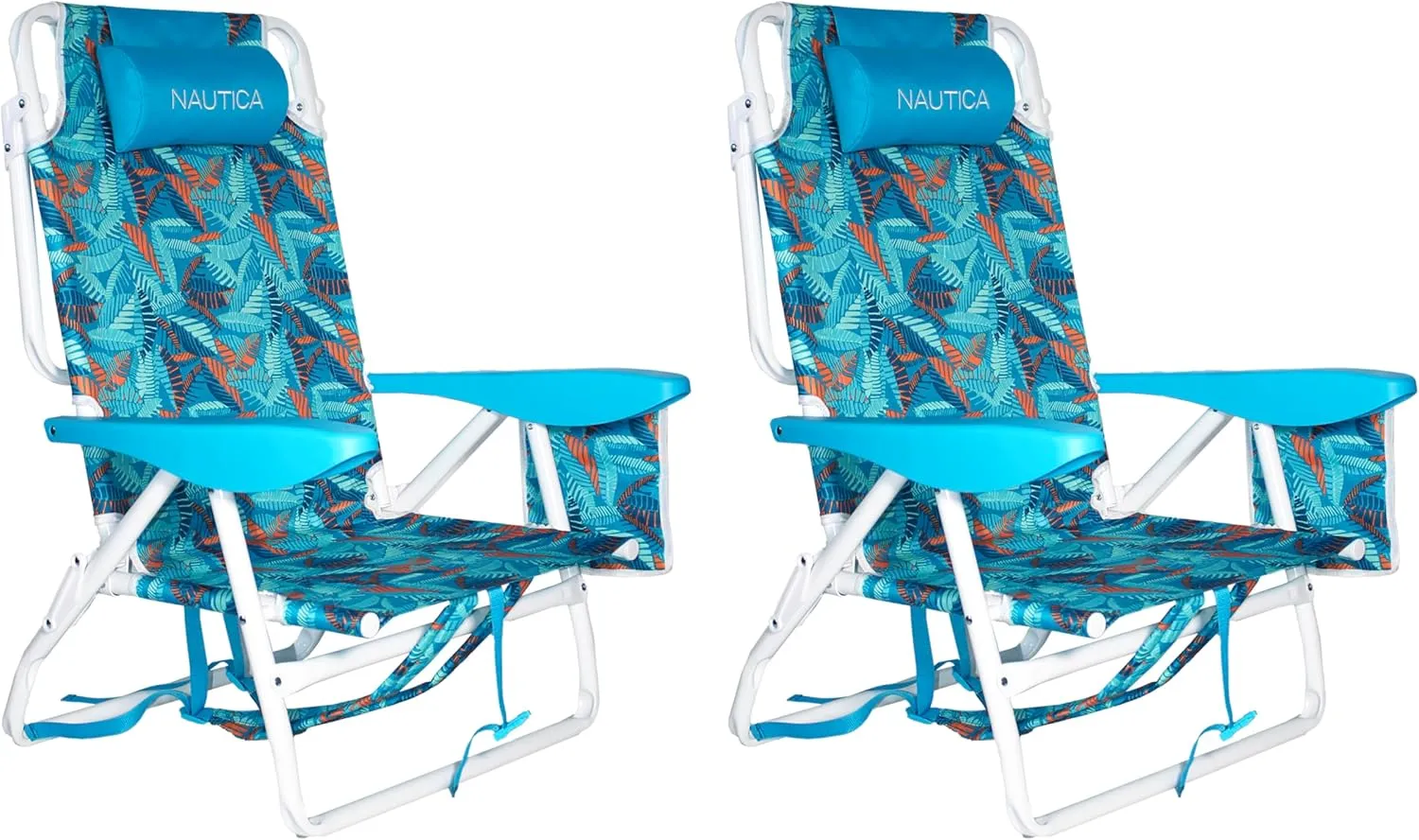 Nautica - Beach Chair Set, Five Position Backpack Chair, Portable & Adjustable with Padded Pillow and Cup Holders, and Attached Insulated Cooler Bag, Set of 2 (Fiji Beach)