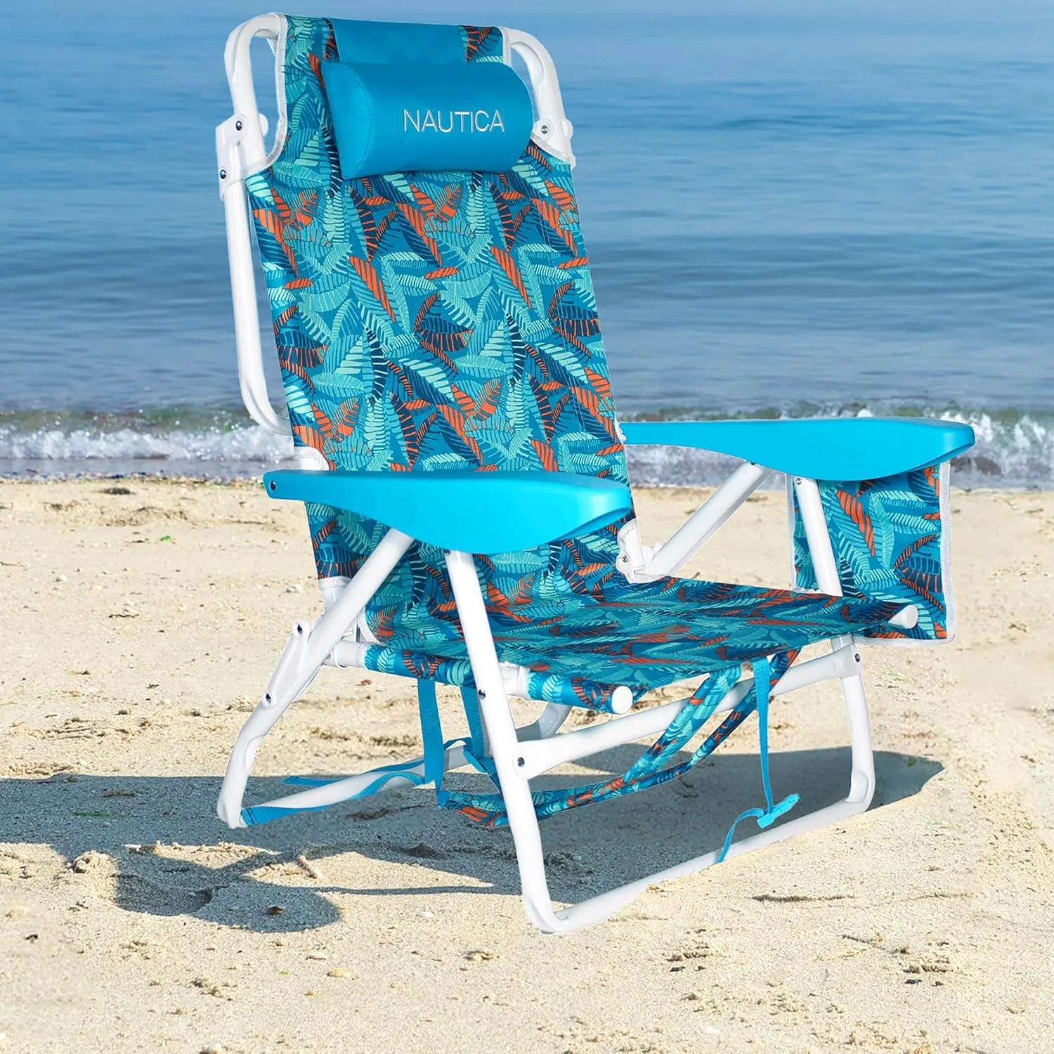 Nautica - Beach Chair Set, Five Position Backpack Chair, Portable & Adjustable with Padded Pillow and Cup Holders, and Attached Insulated Cooler Bag, Set of 2 (Fiji Beach)