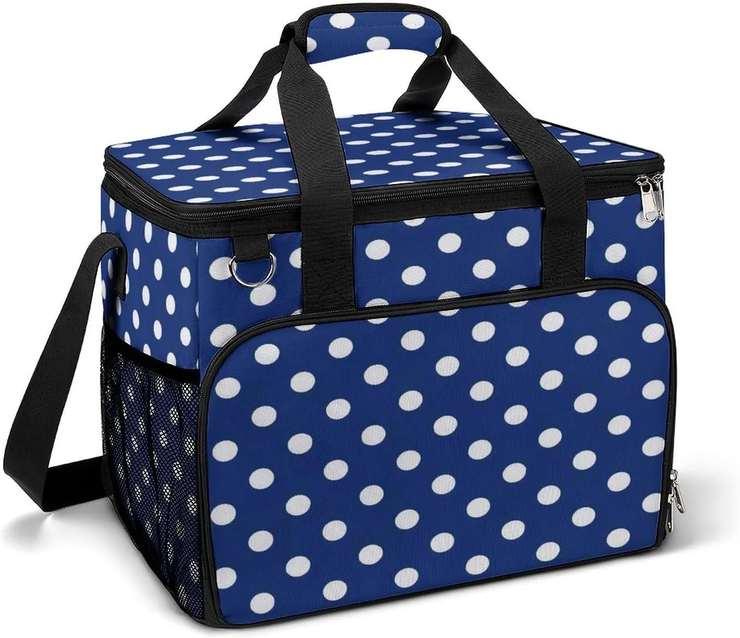 Navy Blue Polka Dot Pattern Cooler Bag, Collapsible Soft Sided Cooler, Large Leakproof Camping Cooler, Portable Travel Cooler for Camping, Road Trips