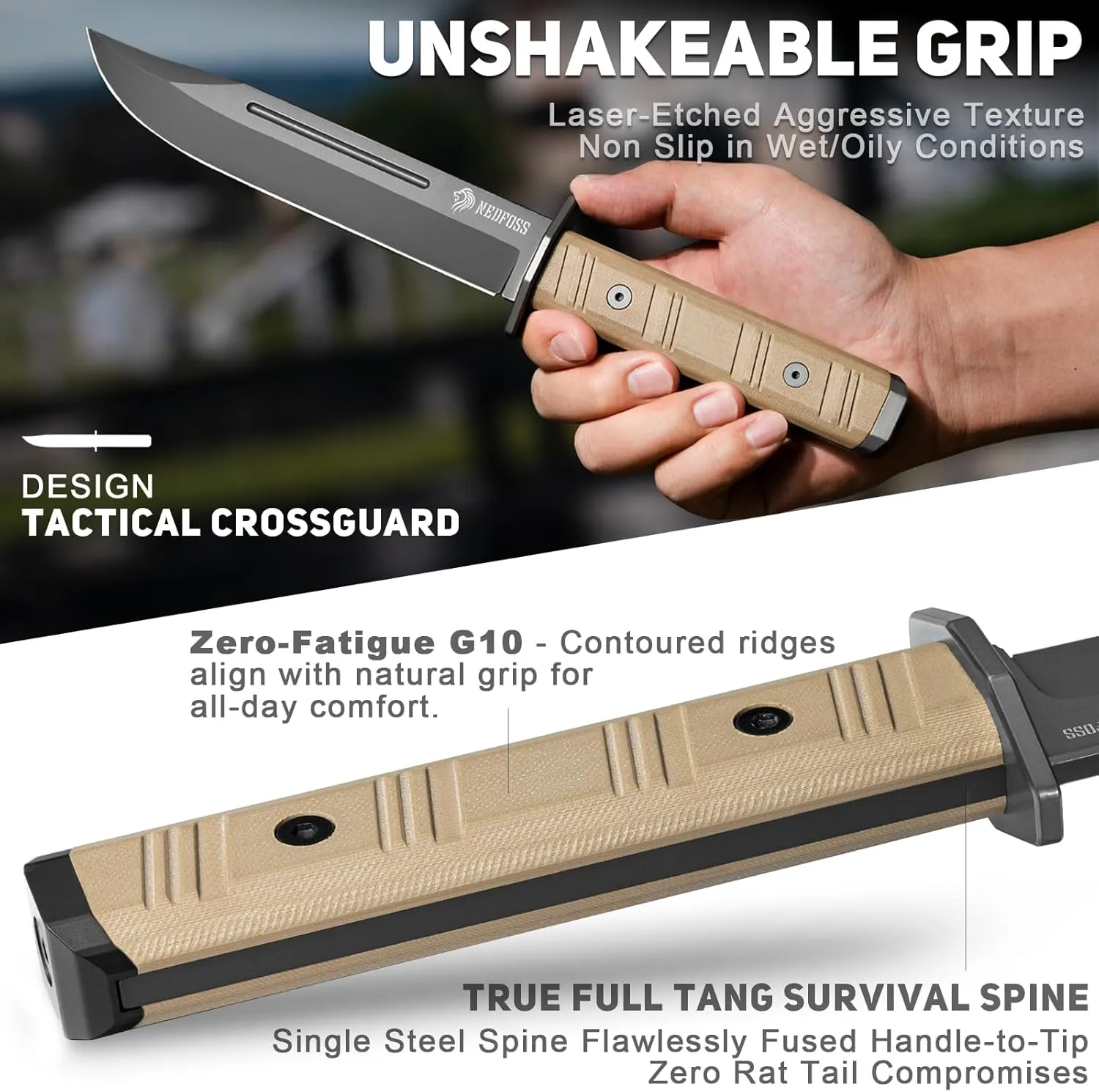 NedFoss BRAVE Fixed Blade Tactical Knife, 6.8" D2 Steel Blade Full Tang Hunting Knife with Kydex Sheath, Desert G10 Handle, Perfect Camping, Survival, Outdoor knife, Hunting Gifts for Men Women