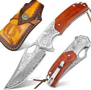 NedFoss Damascus Pocket Knives for Men, Handmade Forged VG10 Damascus Steel Folding Knife with Leather Sheath, Sandalwood Handle, Pocket Clip, Cool Knives Gifts for Men EDC (PTEROSAUR)