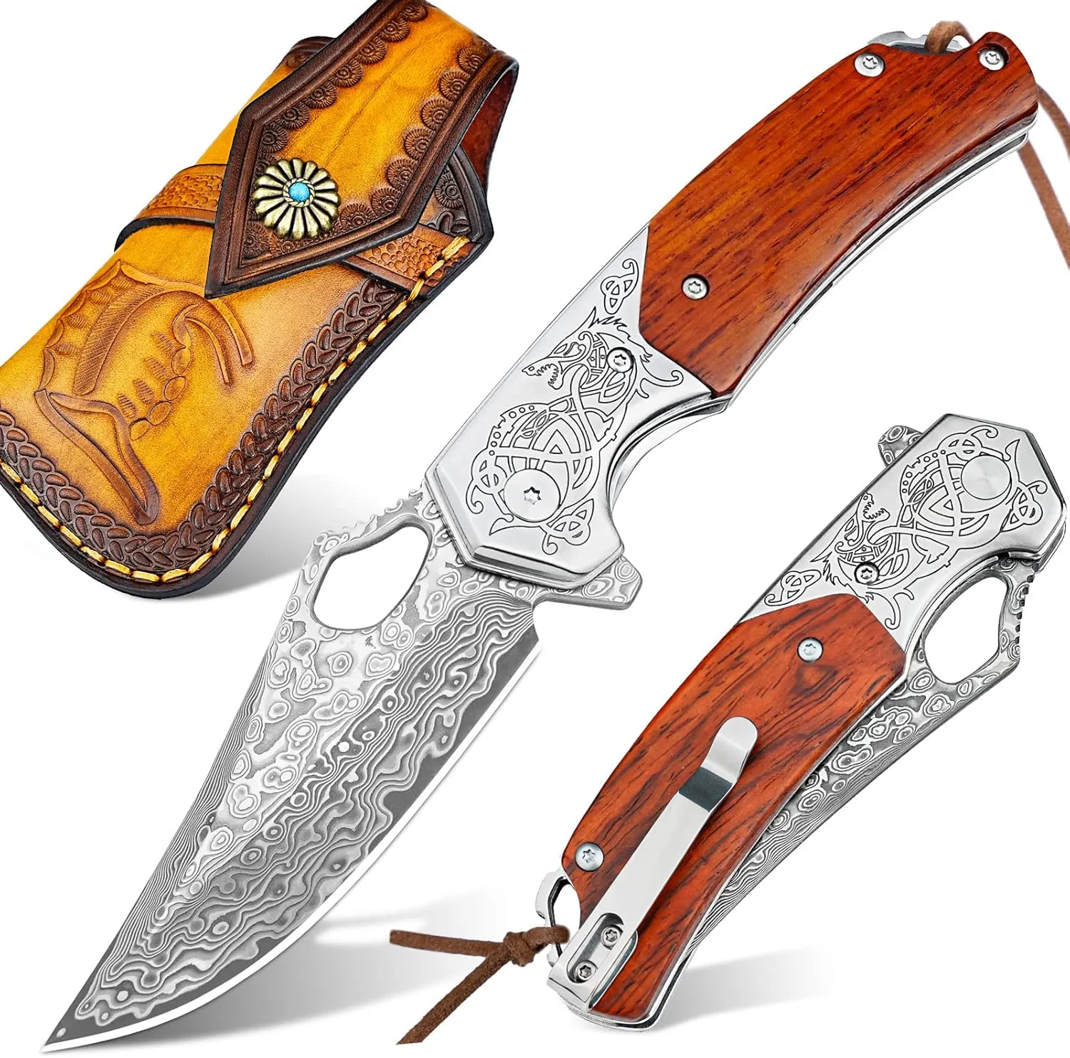 NedFoss Damascus Pocket Knives for Men, Handmade Forged VG10 Damascus Steel Folding Knife with Leather Sheath, Sandalwood Handle, Pocket Clip, Cool Knives Gifts for Men EDC (PTEROSAUR)