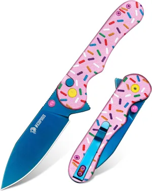 NedFoss DONUT Pink Pocket Knife for Women Men, 2.9" Blade Small EDC Knife, 14C28N Steel Button Lock Knife, Unique Donut Design G10 Handle Folding Knives