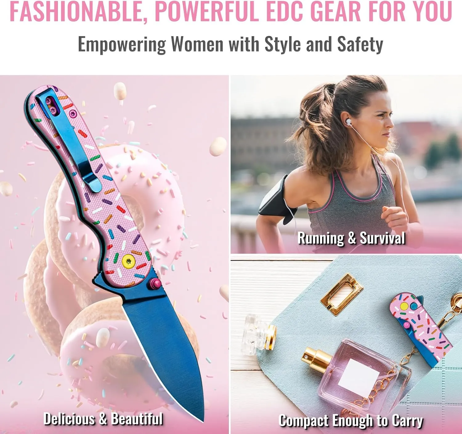NedFoss DONUT Pink Pocket Knife for Women Men, 2.9" Blade Small EDC Knife, 14C28N Steel Button Lock Knife, Unique Donut Design G10 Handle Folding Knives