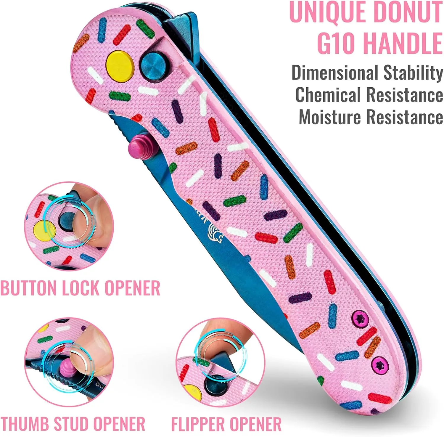 NedFoss DONUT Pink Pocket Knife for Women Men, 2.9" Blade Small EDC Knife, 14C28N Steel Button Lock Knife, Unique Donut Design G10 Handle Folding Knives