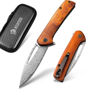 NedFoss PEGASUS Damascus Pocket Knife for Men, 3.5" Ladder Pattern Damascus Steel Folding Knife with Rosewood Handle, Ball Bearings Pivot, Deep Carry Clip, EDC Knife Camping Gifts for Men Women
