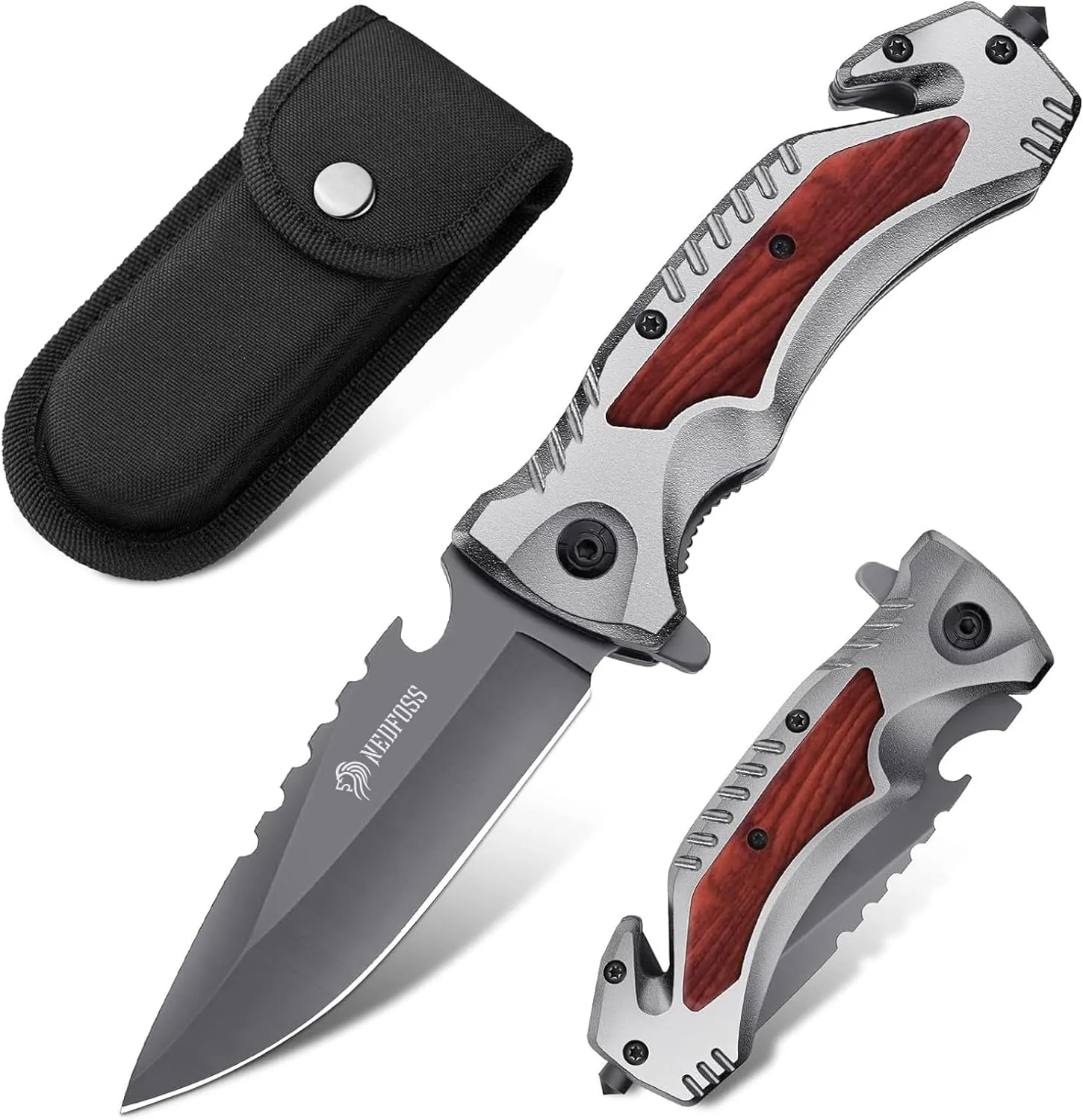 NedFoss Pocket Folding Knife DA169, 4 in 1 Pocket Knife for Men, Survival Knife with Liner-Lock Belt Clip, Seat Belt Cutter, Glass Breaker,Bottle Opener, Hunting knife for Camping Hiking (Grey)